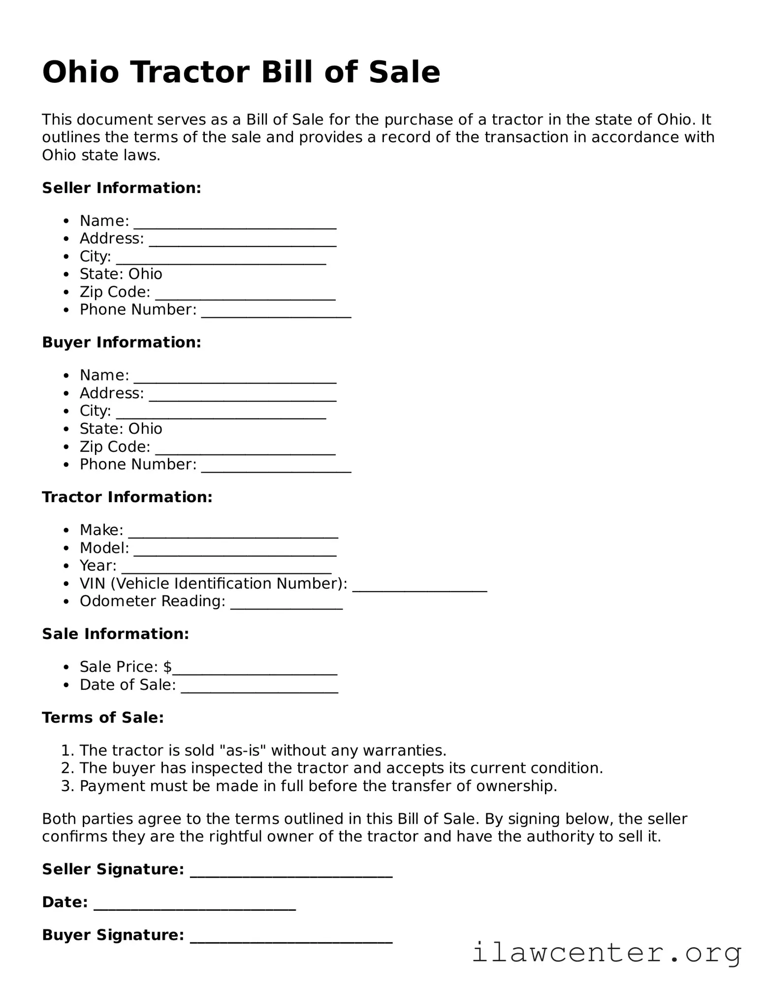 Attorney-Verified  Tractor Bill of Sale Document for Ohio