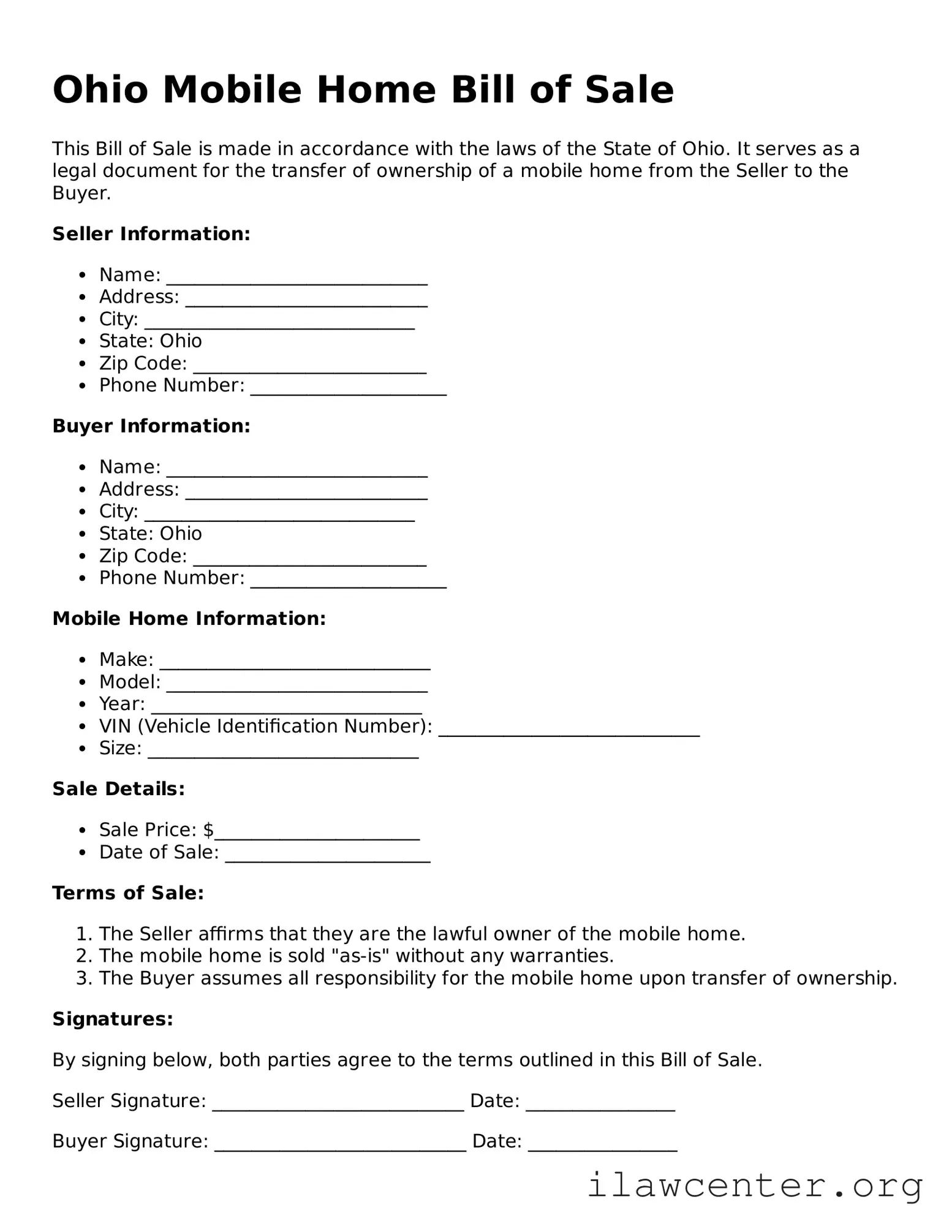 Attorney-Verified  Mobile Home Bill of Sale Document for Ohio