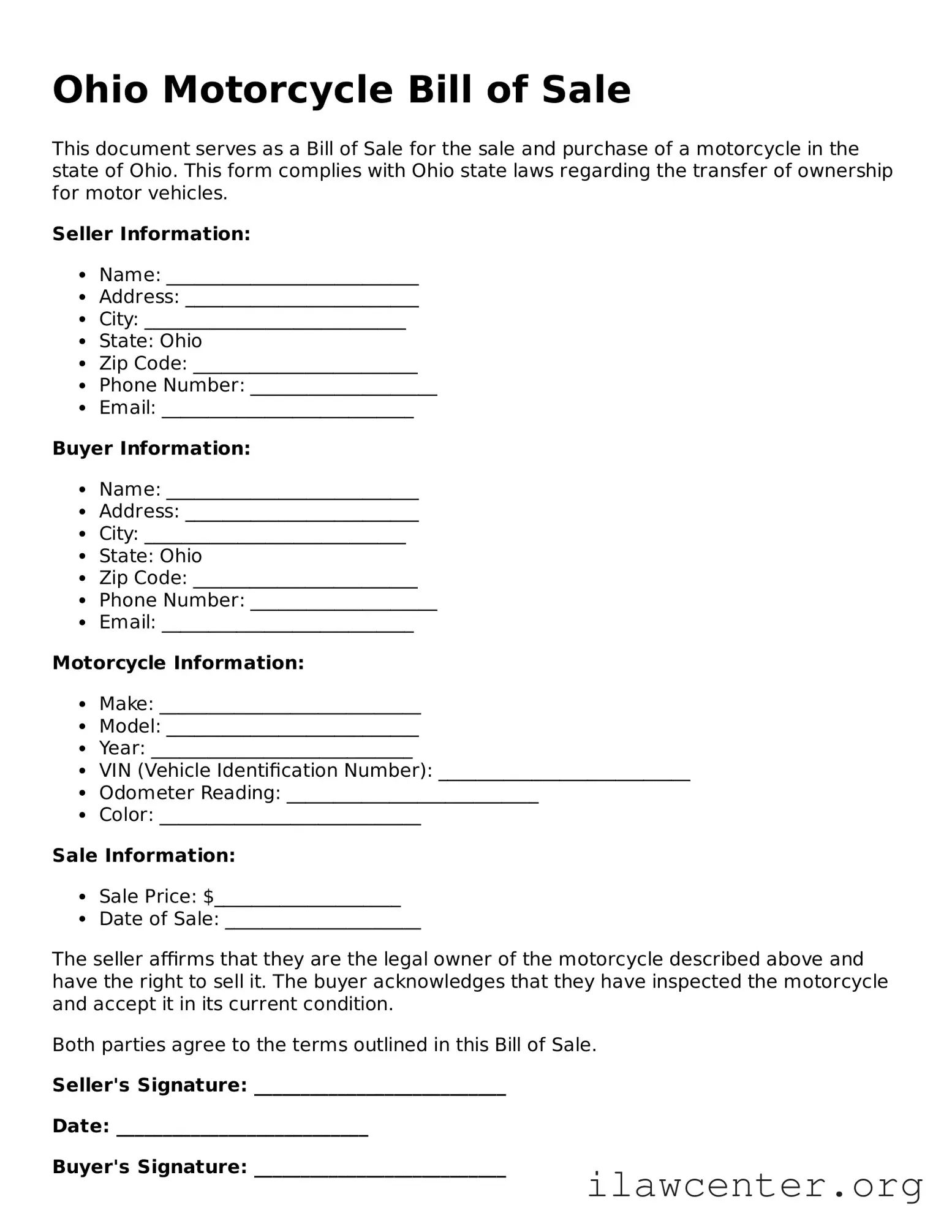 Attorney-Verified  Motorcycle Bill of Sale Document for Ohio