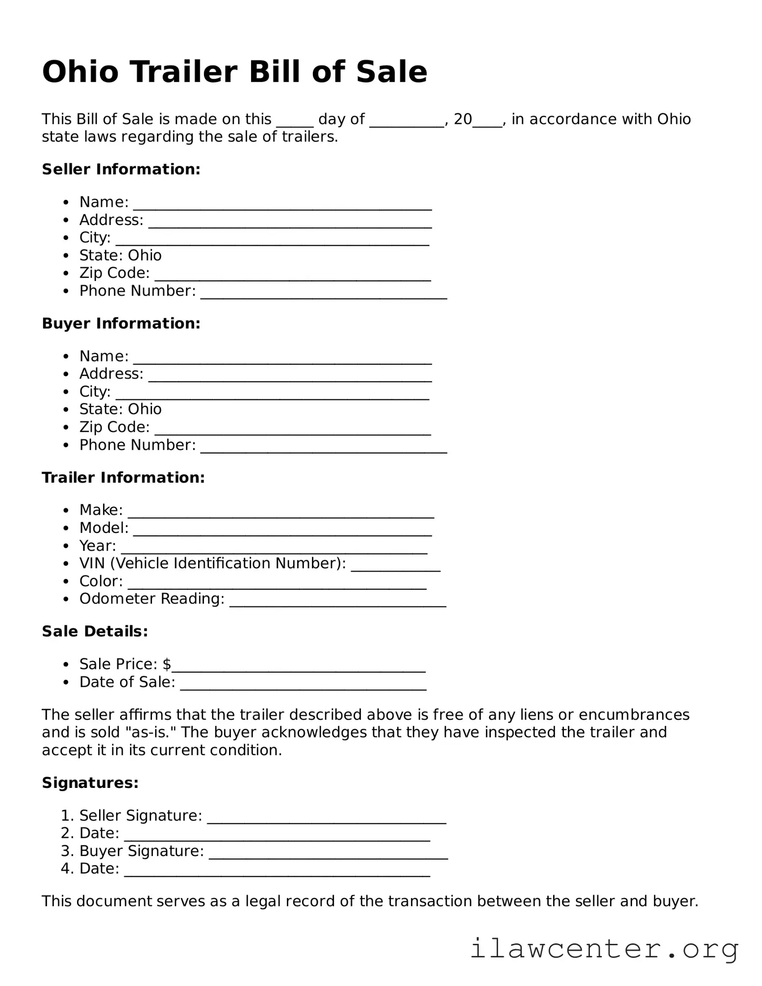 Attorney-Verified  Trailer Bill of Sale Document for Ohio