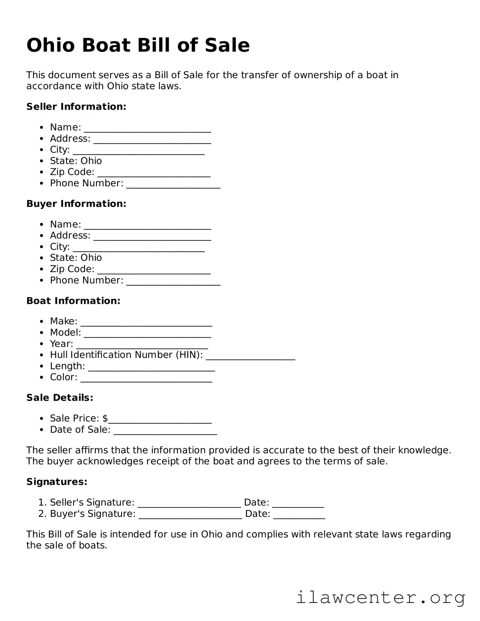 Attorney-Verified  Boat Bill of Sale Document for Ohio