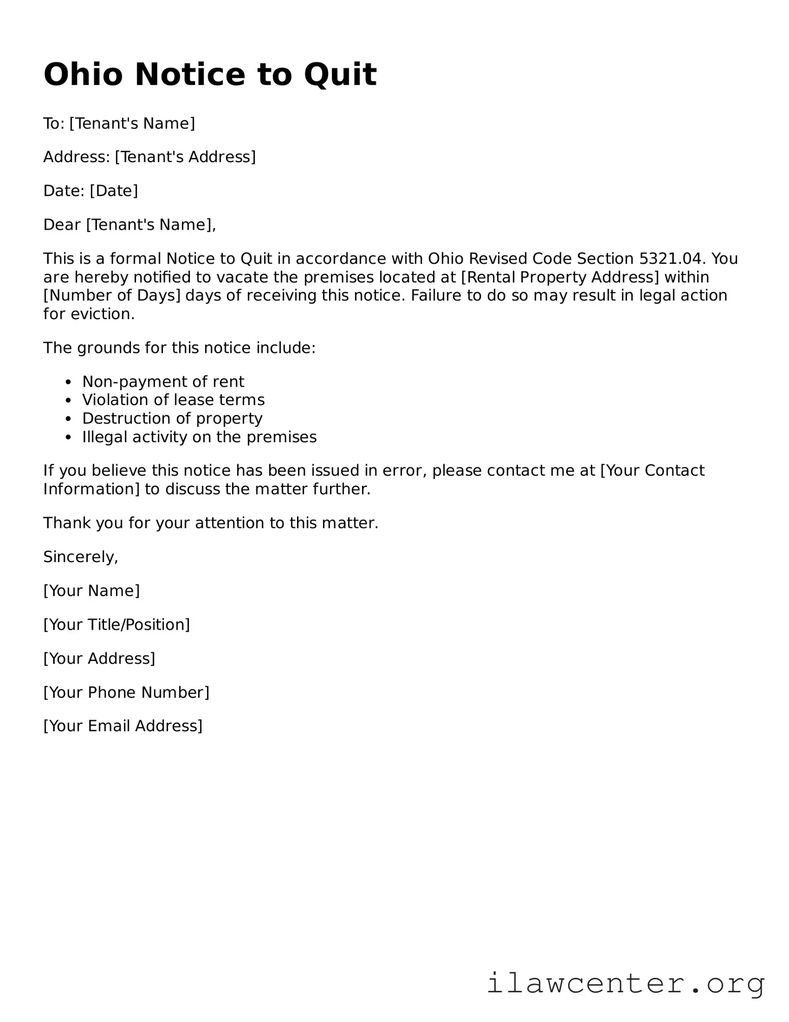 Attorney-Verified  Notice to Quit Document for Ohio