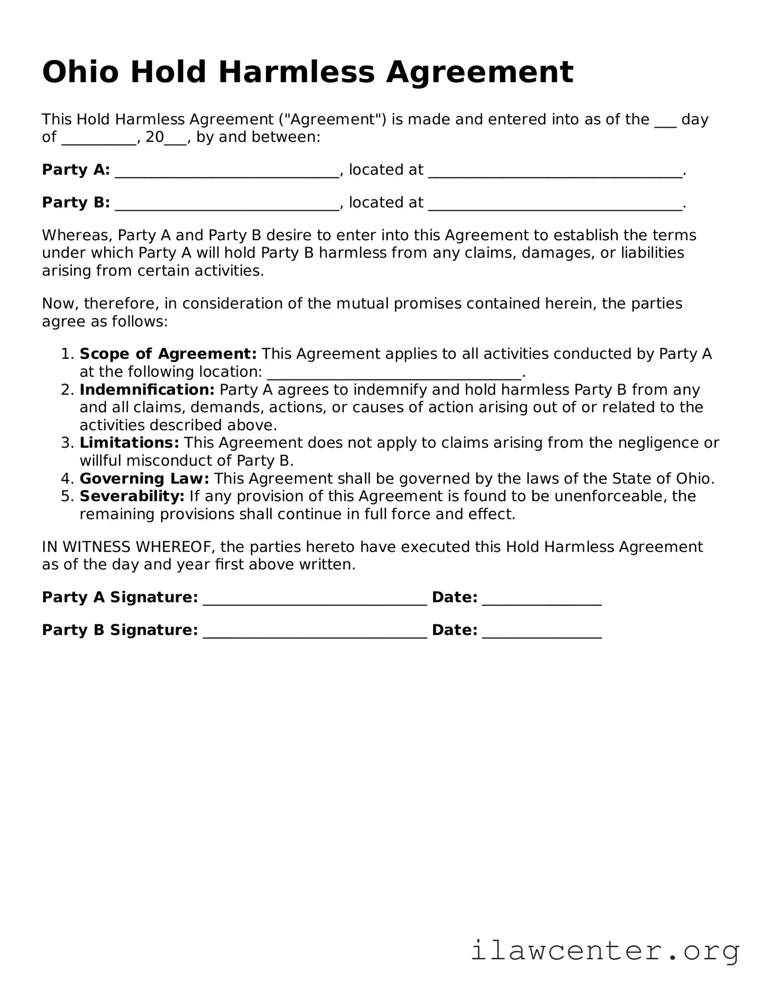 Attorney-Verified  Hold Harmless Agreement Document for Ohio