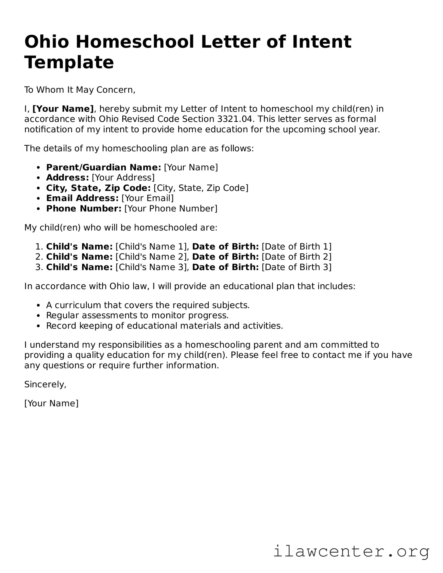 Attorney-Verified  Homeschool Letter of Intent Document for Ohio
