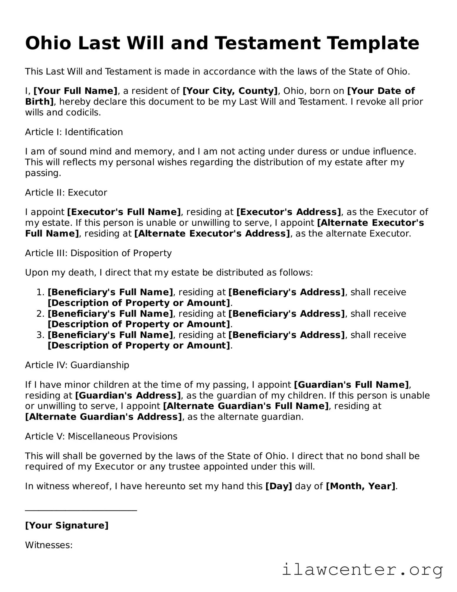 Attorney-Verified  Last Will and Testament Document for Ohio