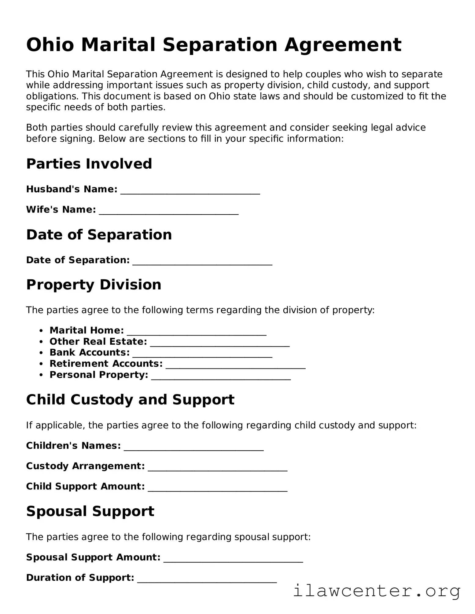 Attorney-Verified  Marital Separation Agreement Document for Ohio