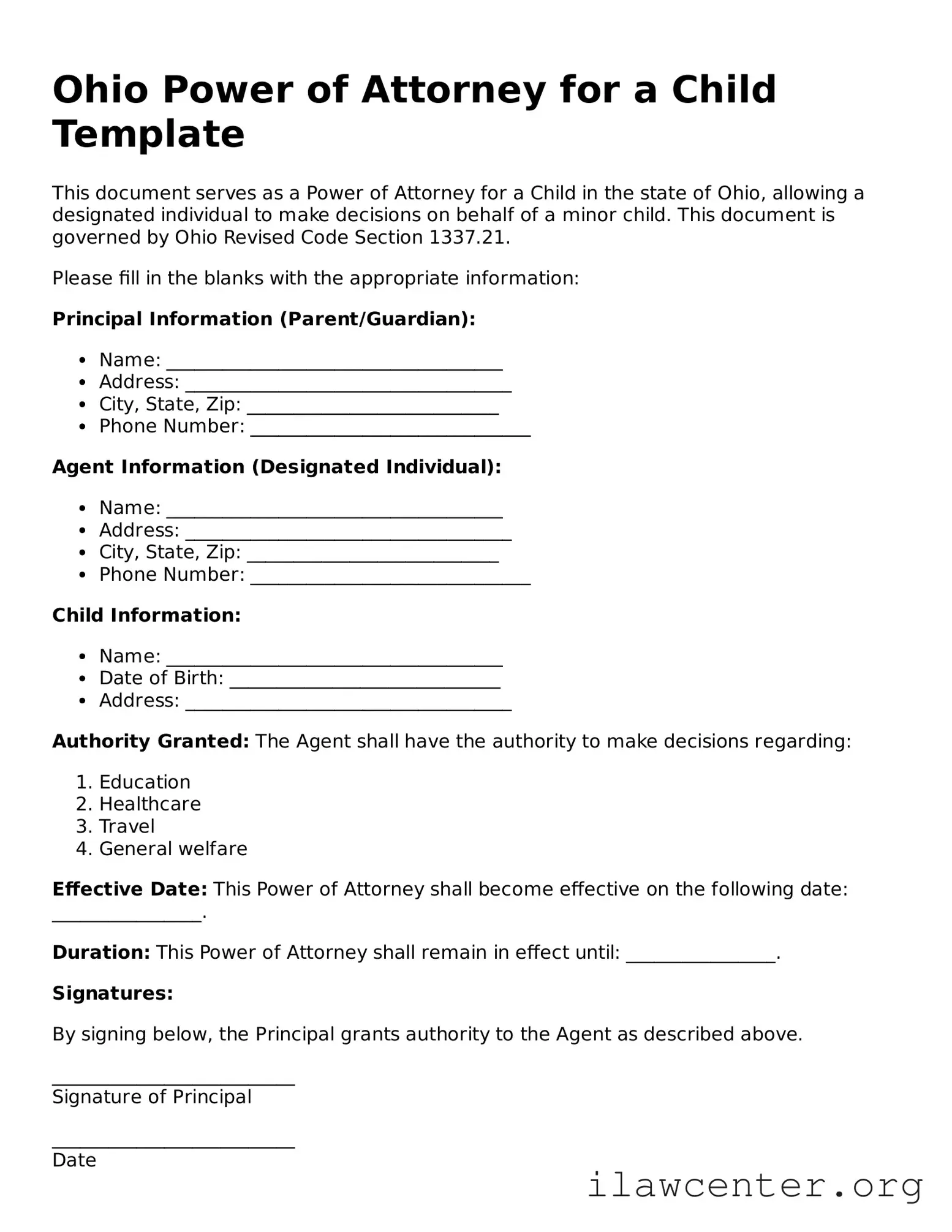 Attorney-Verified  Power of Attorney for a Child Document for Ohio