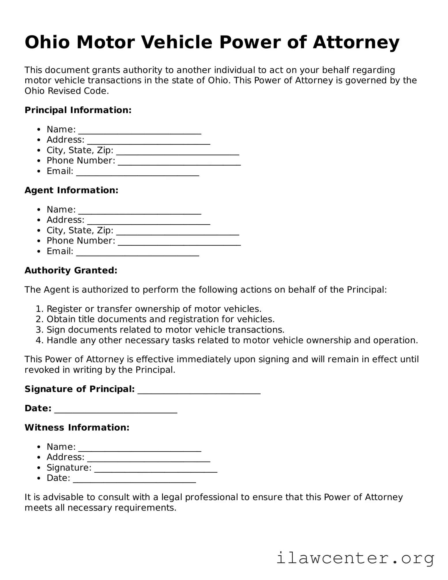 Attorney-Verified  Motor Vehicle Power of Attorney Document for Ohio