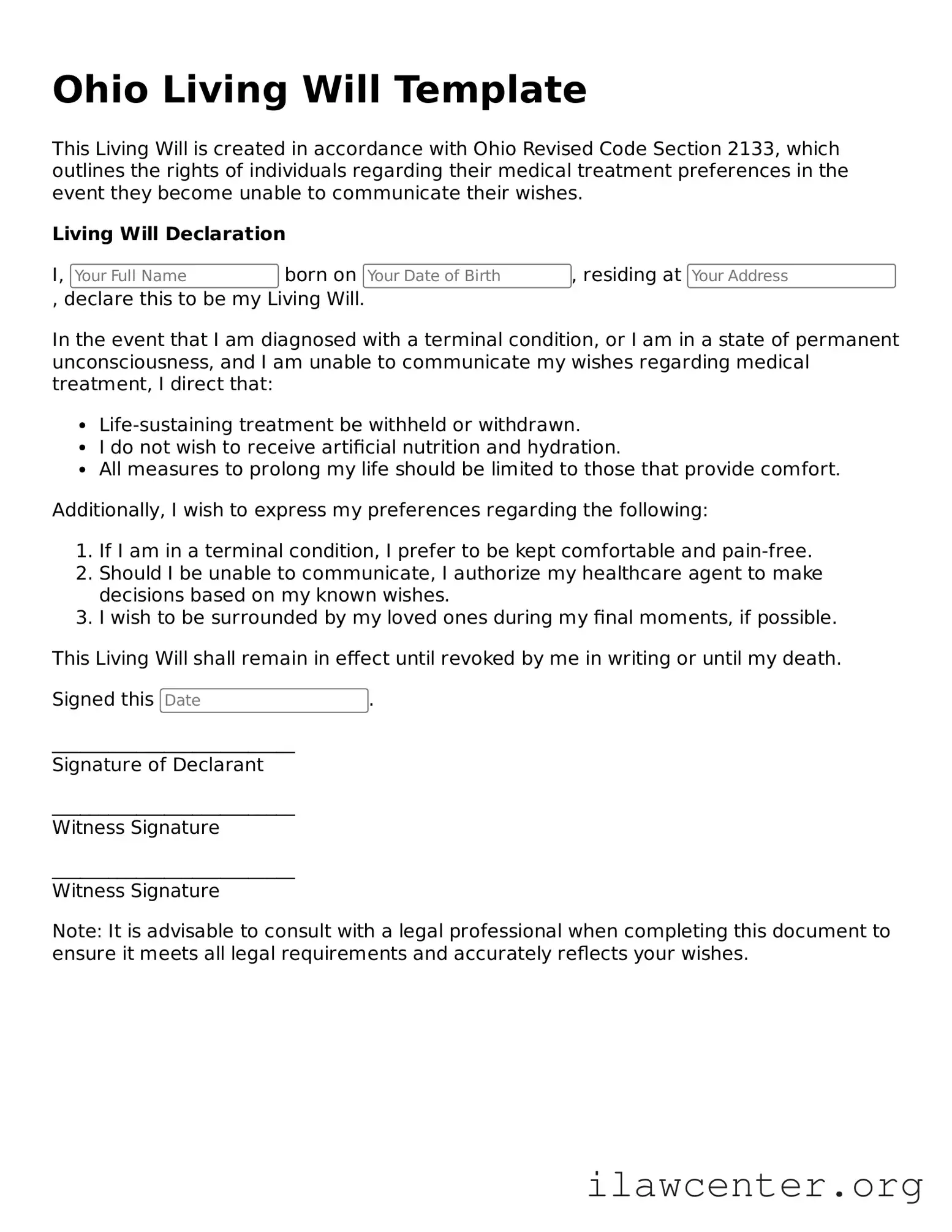 Attorney-Verified  Living Will Document for Ohio