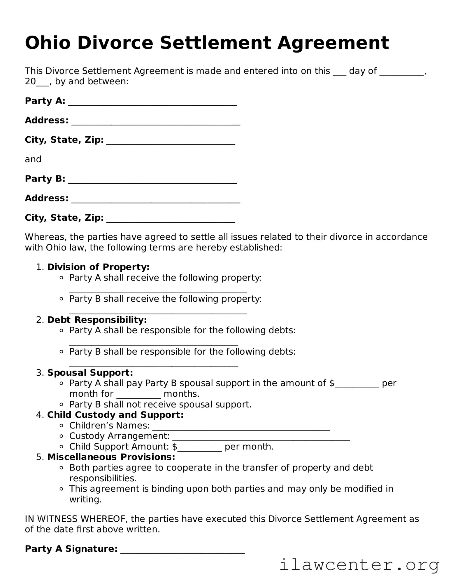 Attorney-Verified  Divorce Settlement Agreement Document for Ohio