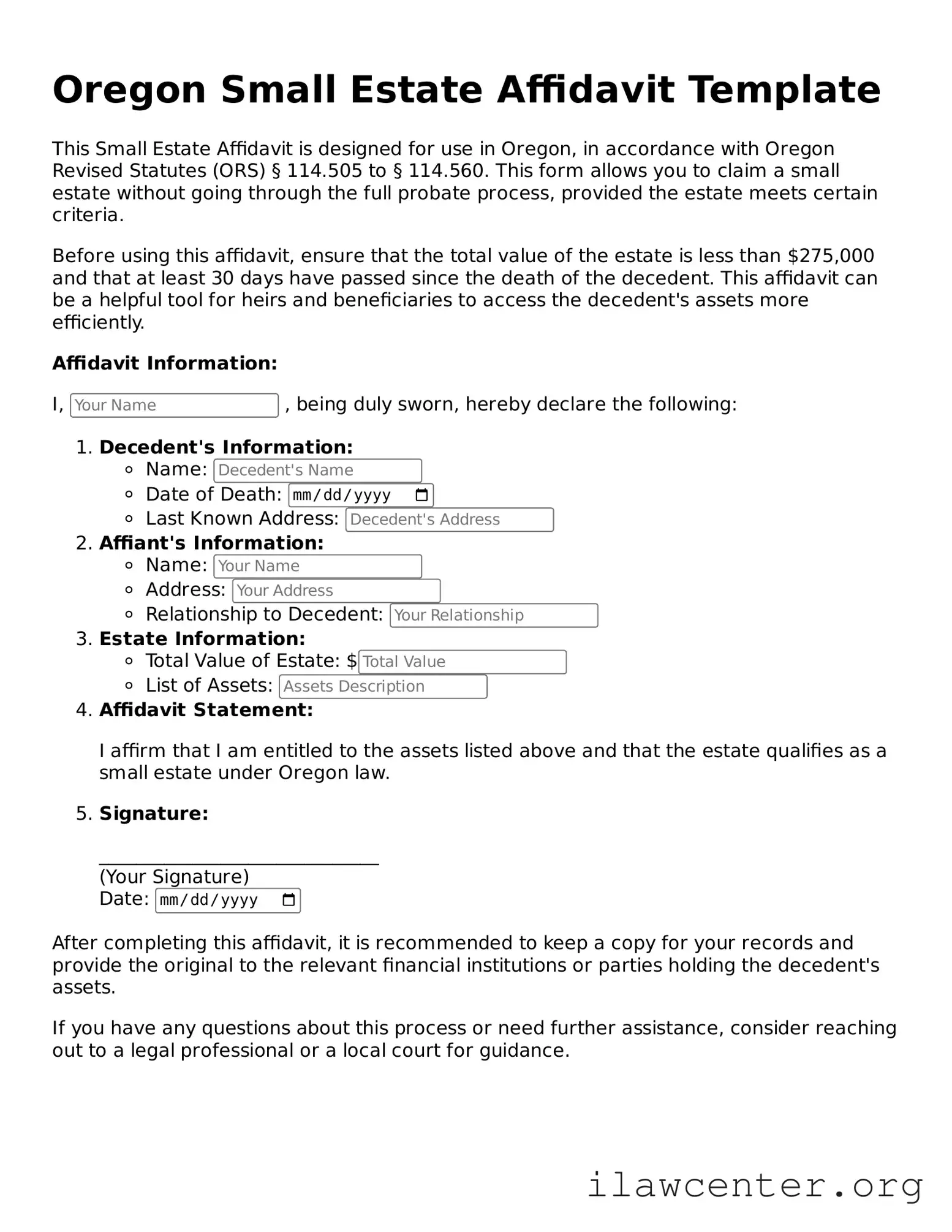 Attorney-Verified  Small Estate Affidavit Document for Oregon