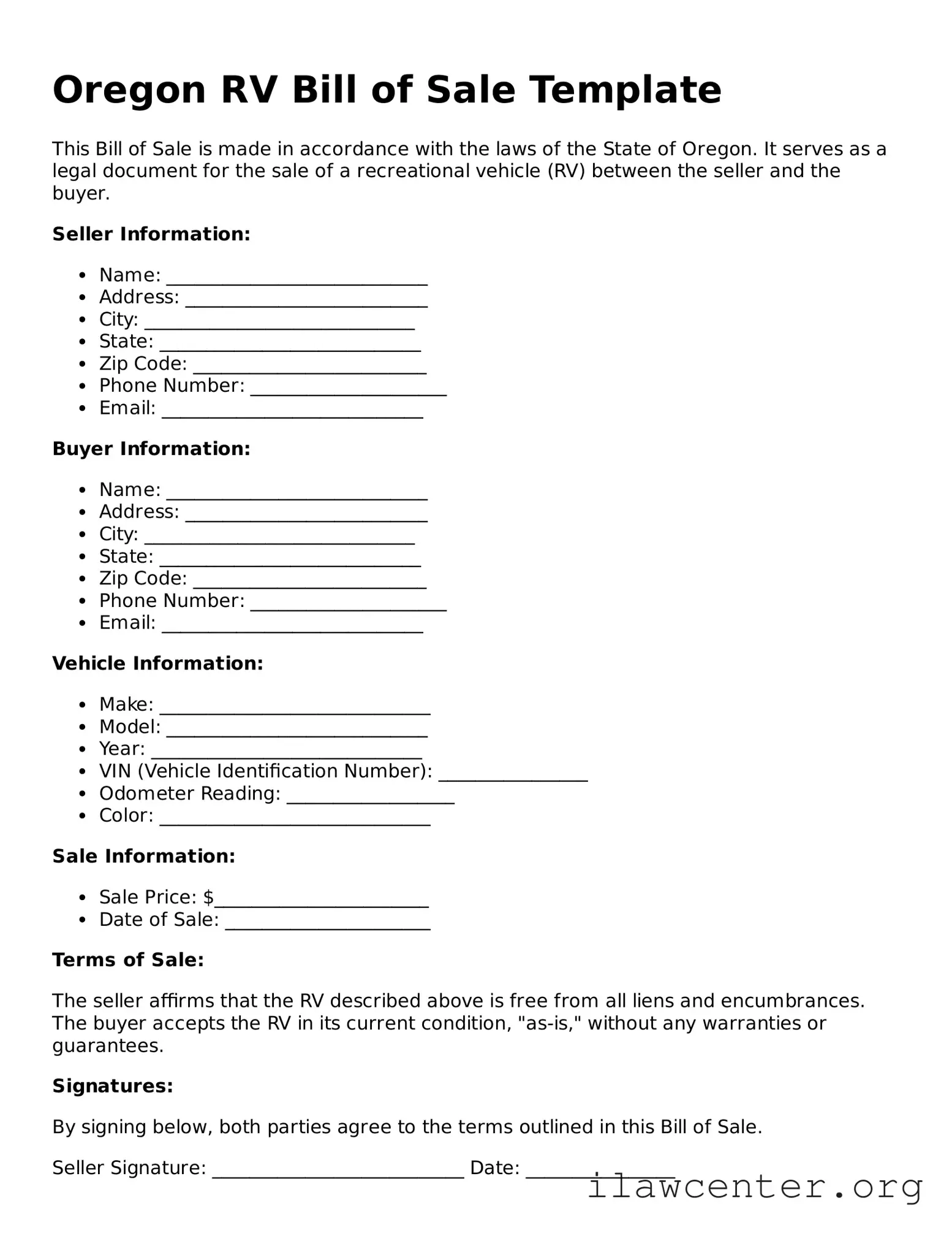 Attorney-Verified  RV Bill of Sale Document for Oregon