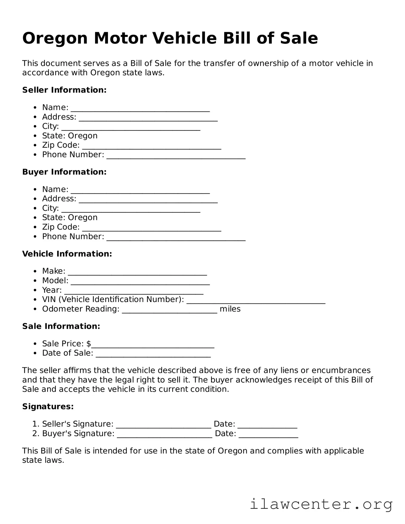 Attorney-Verified  Motor Vehicle Bill of Sale Document for Oregon