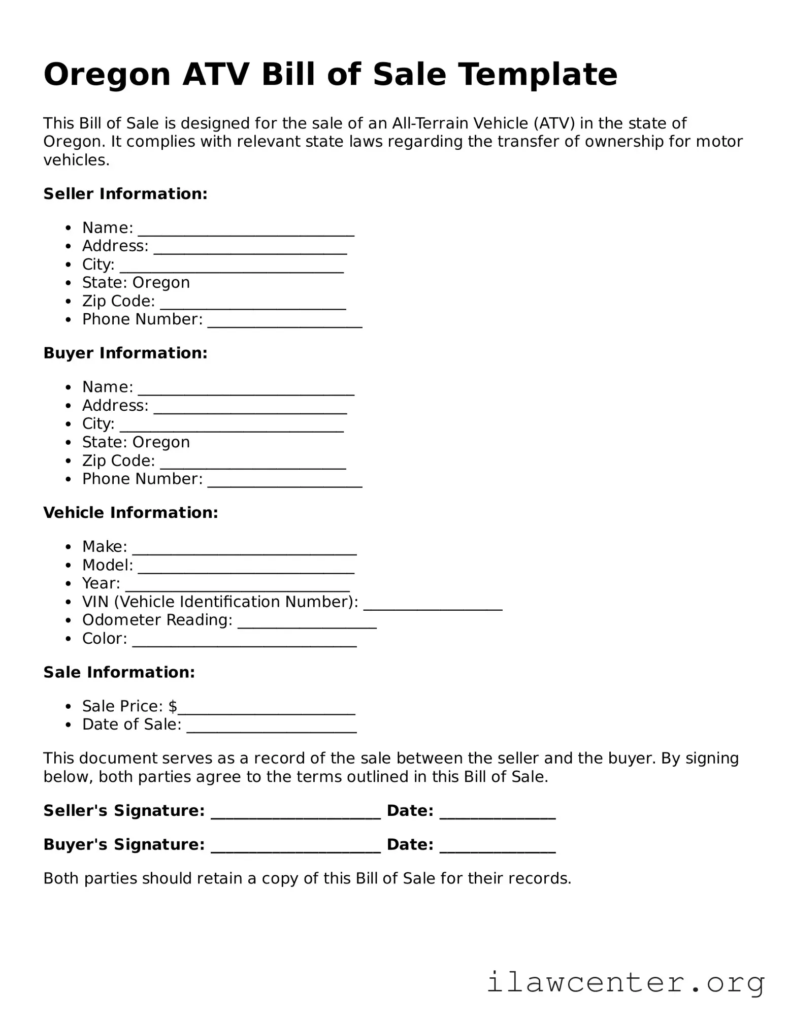 Attorney-Verified  ATV Bill of Sale Document for Oregon