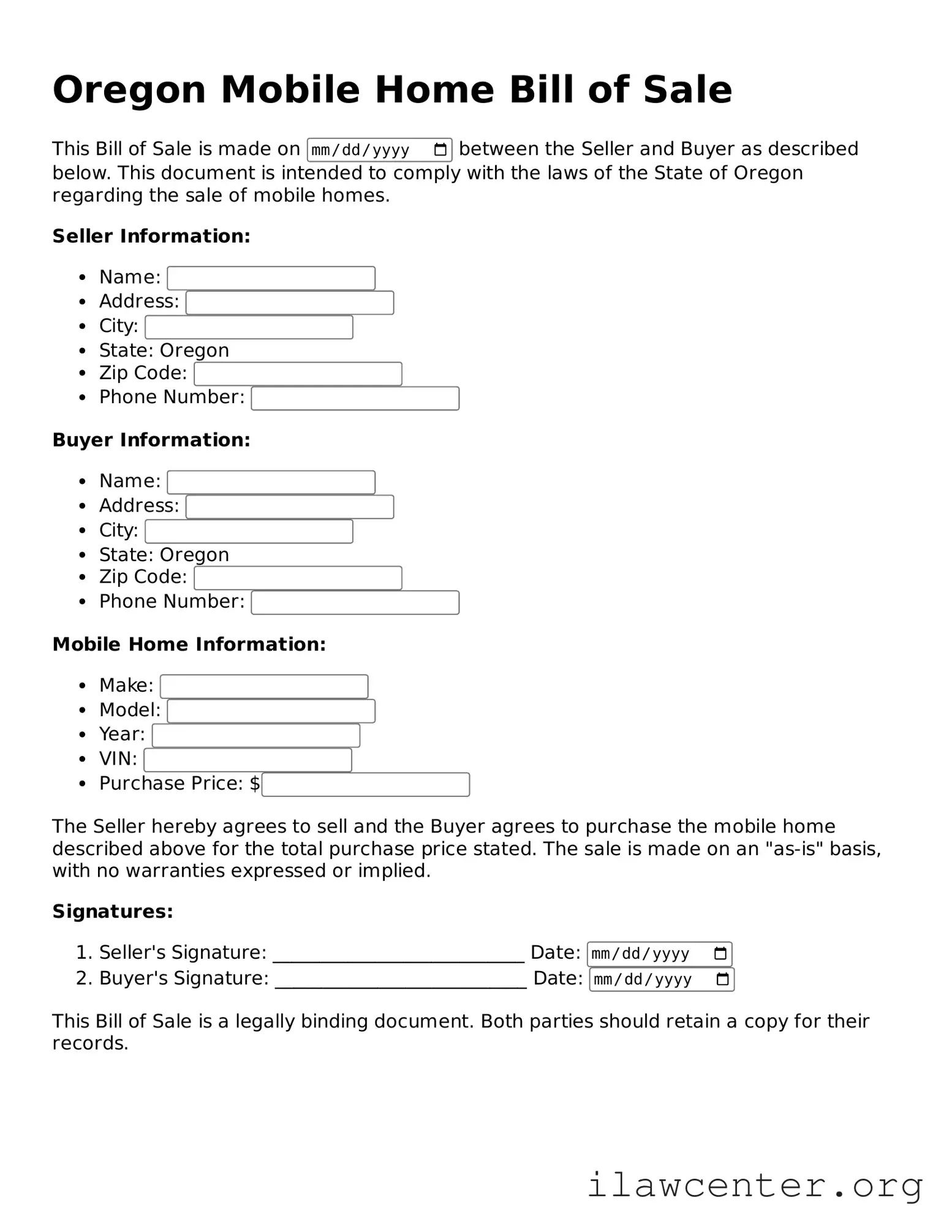 Attorney-Verified  Mobile Home Bill of Sale Document for Oregon