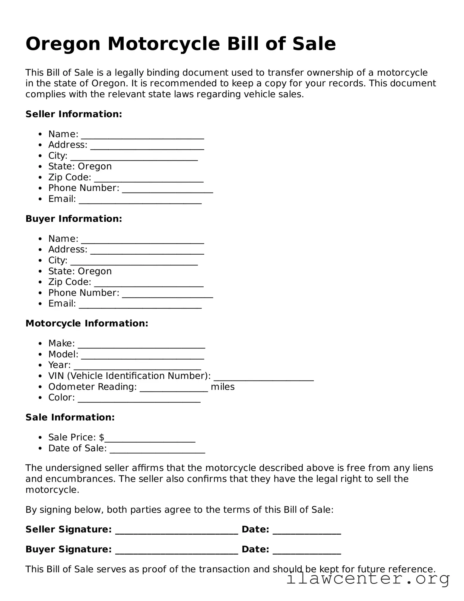 Attorney-Verified  Motorcycle Bill of Sale Document for Oregon