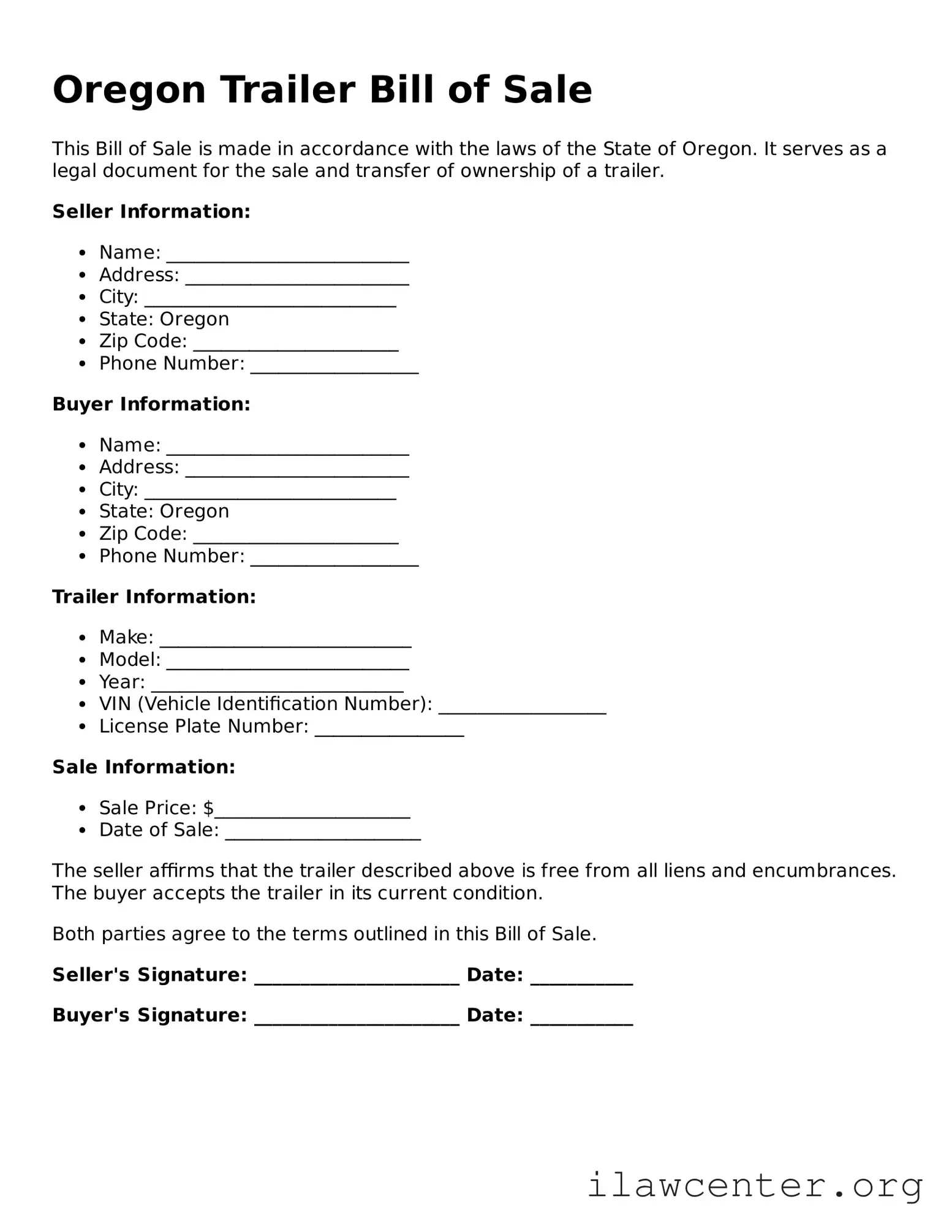 Attorney-Verified  Trailer Bill of Sale Document for Oregon