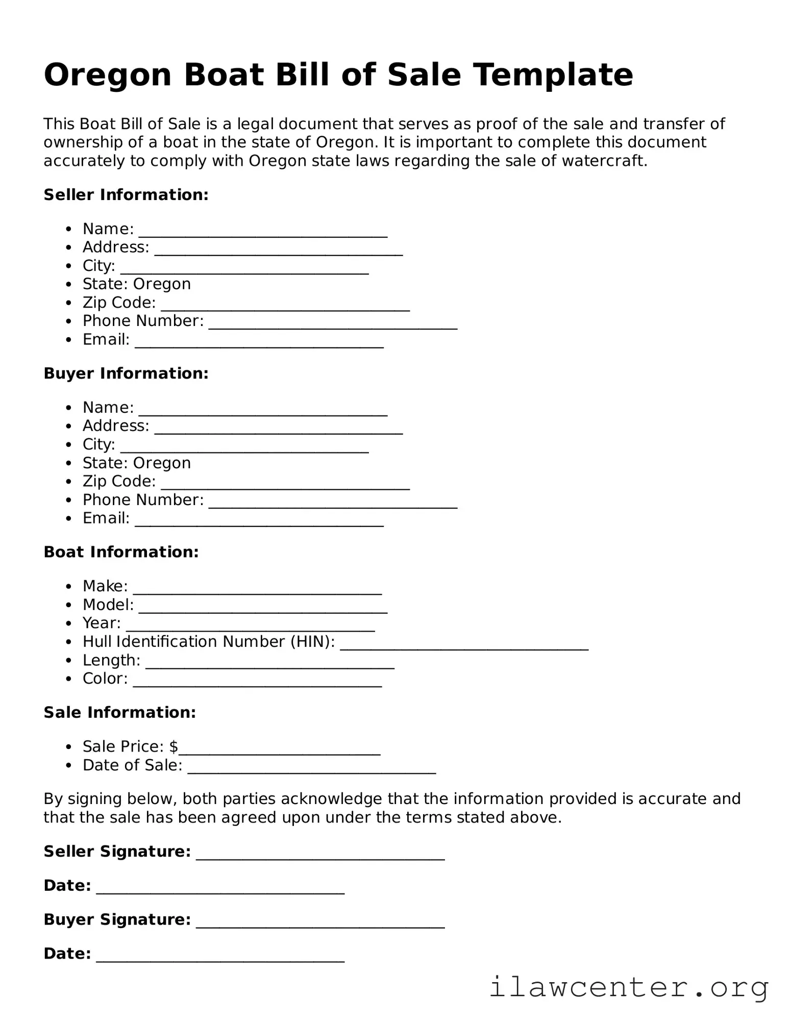 Attorney-Verified  Boat Bill of Sale Document for Oregon