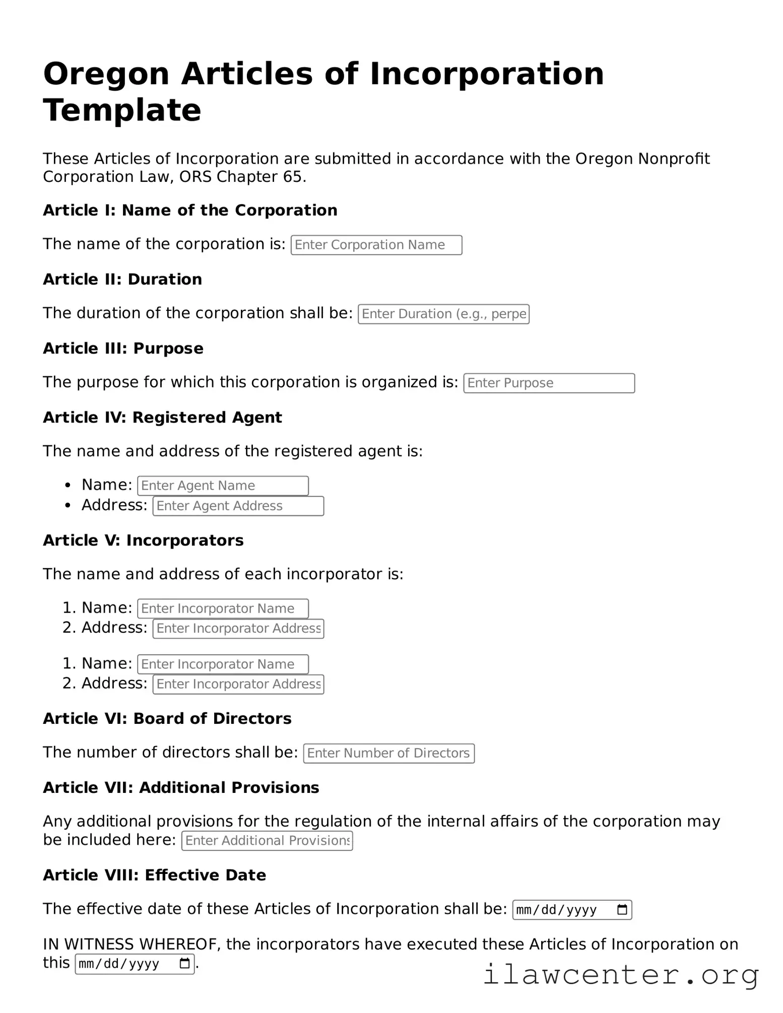 Attorney-Verified  Articles of Incorporation Document for Oregon