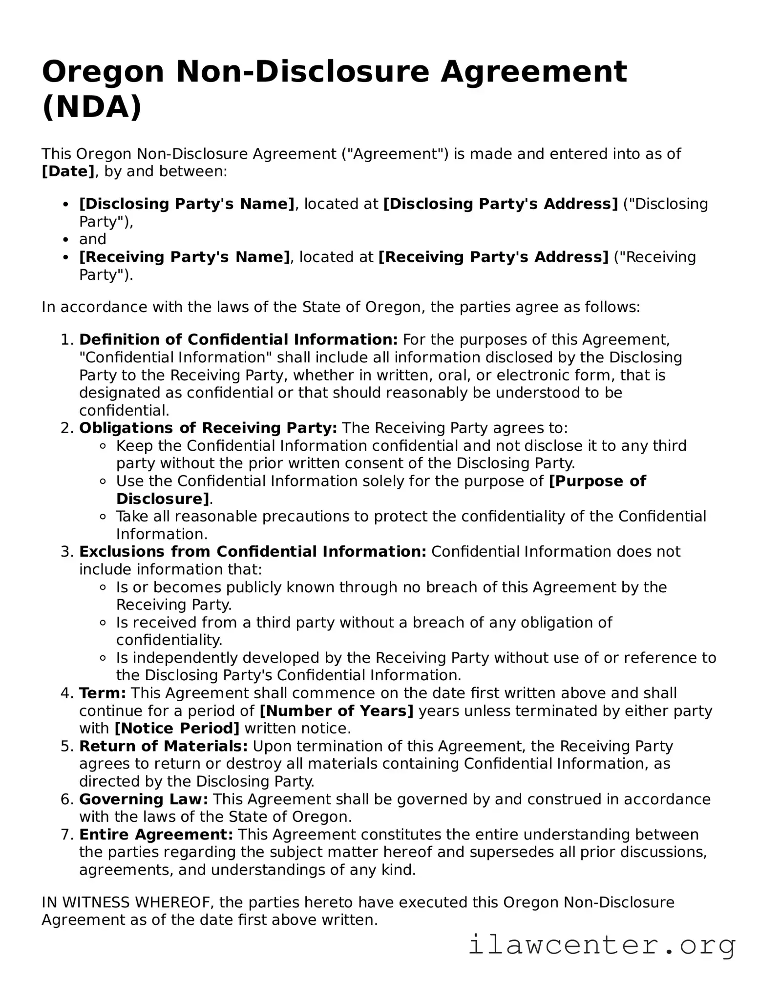 Attorney-Verified  Non-disclosure Agreement Document for Oregon