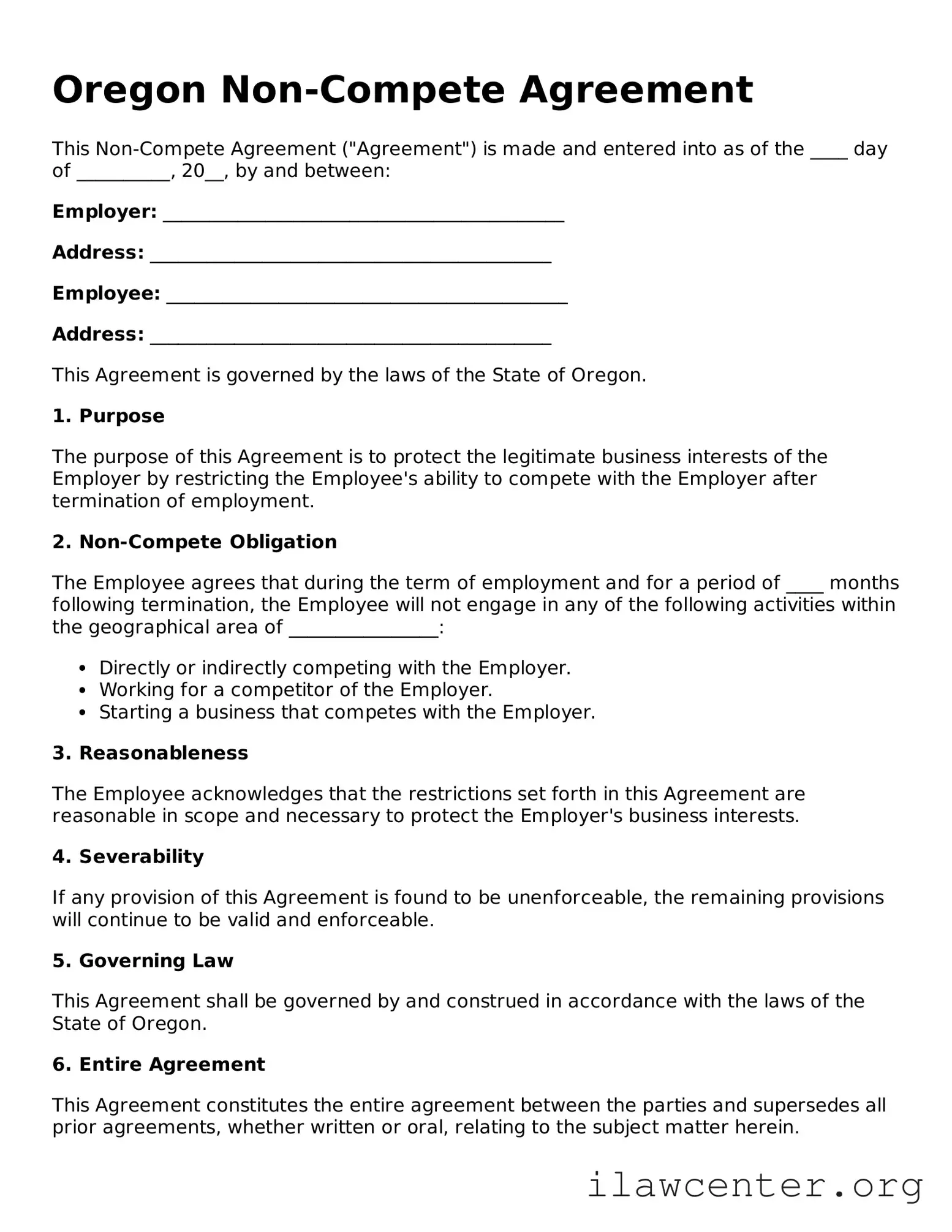 Attorney-Verified  Non-compete Agreement Document for Oregon
