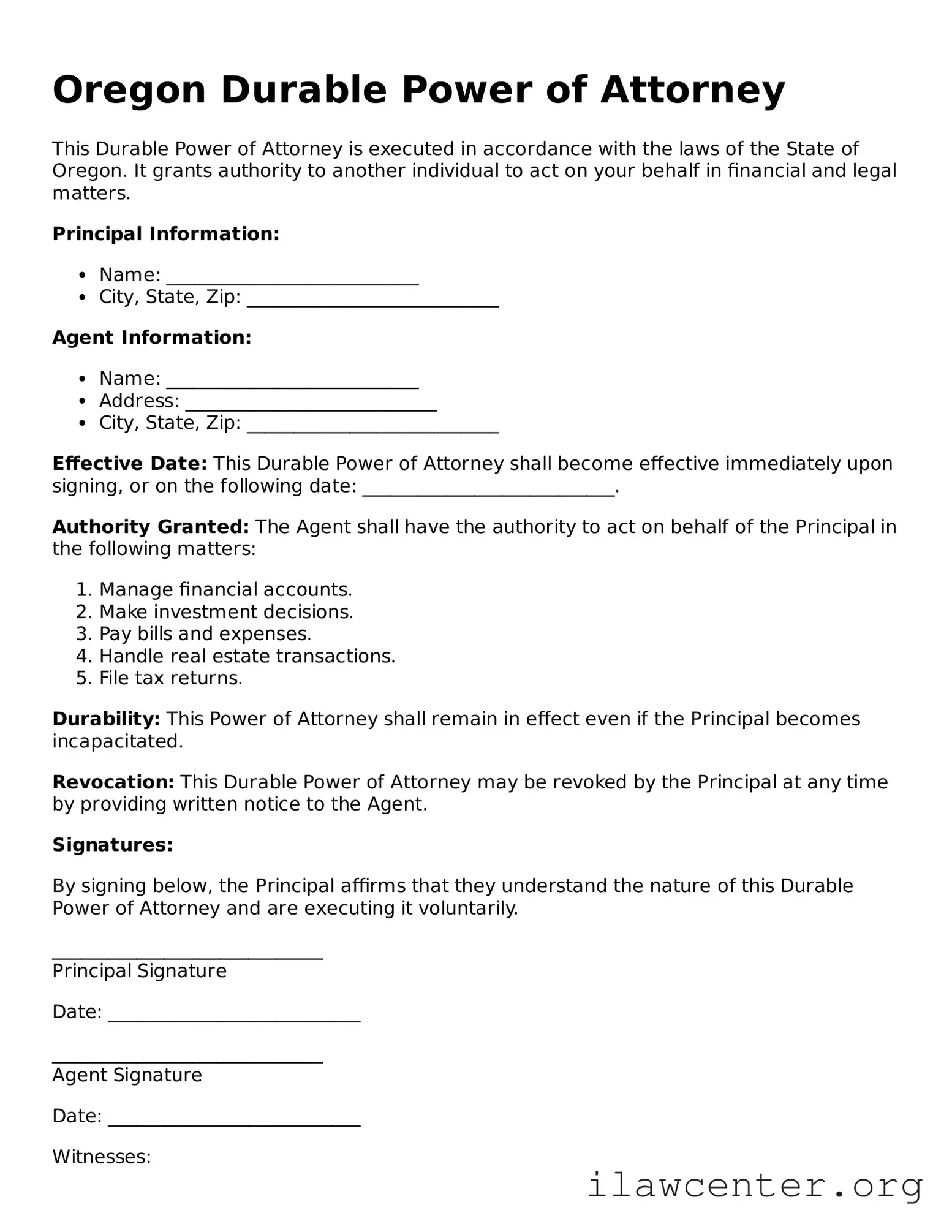 Attorney-Verified  Durable Power of Attorney Document for Oregon