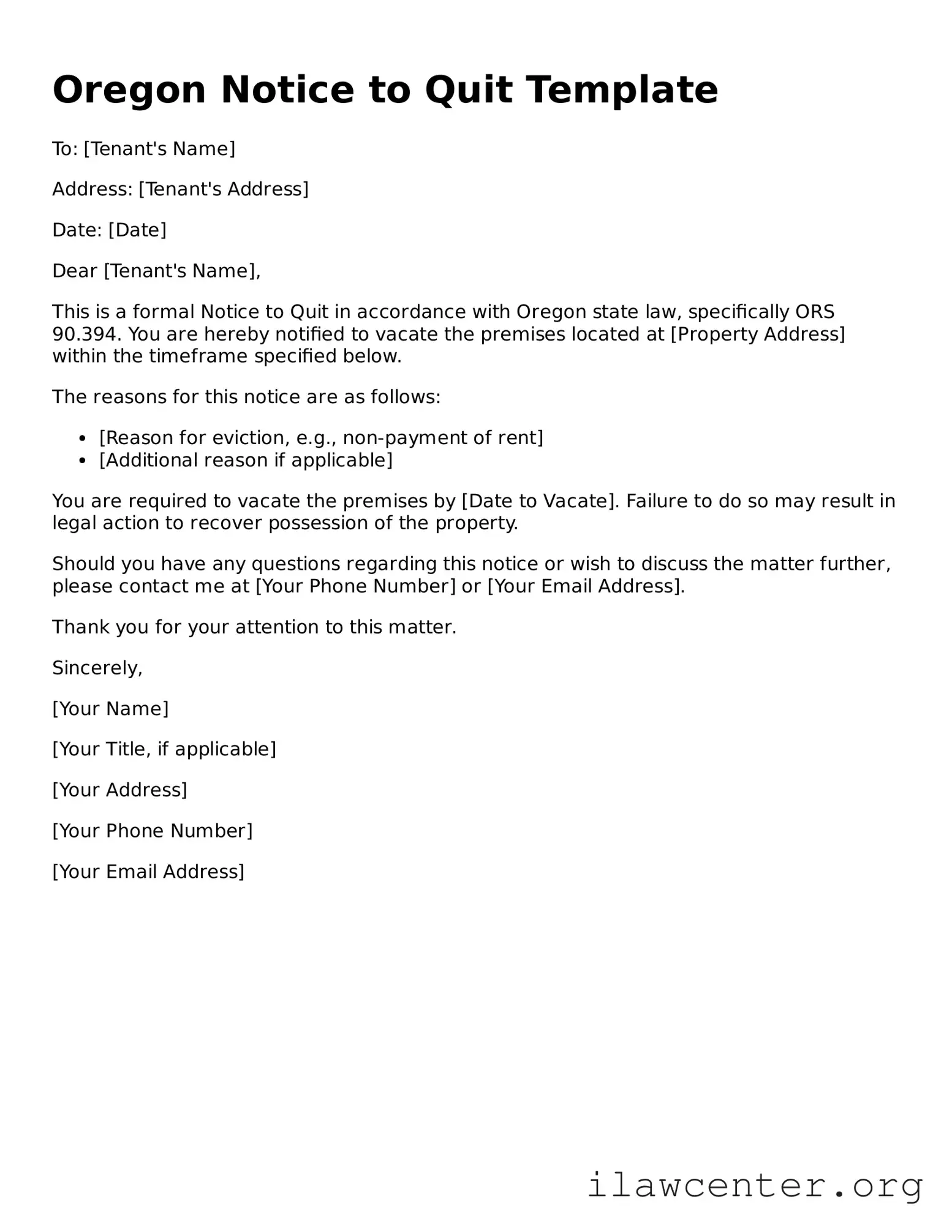 Attorney-Verified  Notice to Quit Document for Oregon