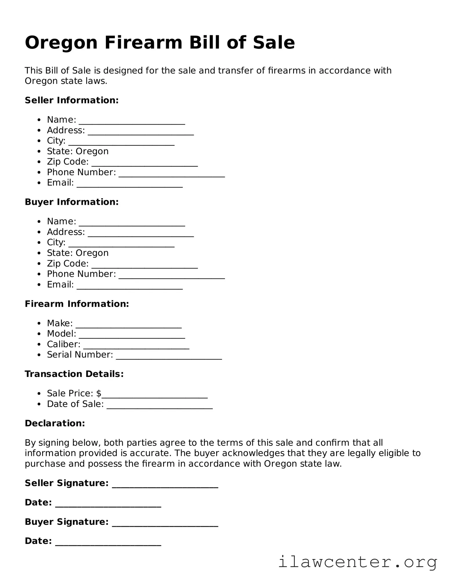 Attorney-Verified  Firearm Bill of Sale Document for Oregon