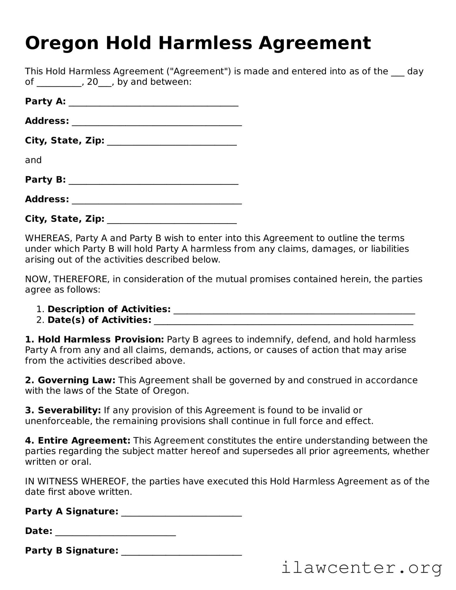 Attorney-Verified  Hold Harmless Agreement Document for Oregon