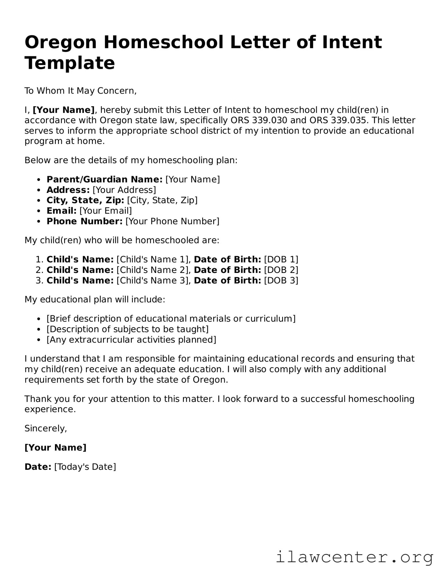 Attorney-Verified  Homeschool Letter of Intent Document for Oregon