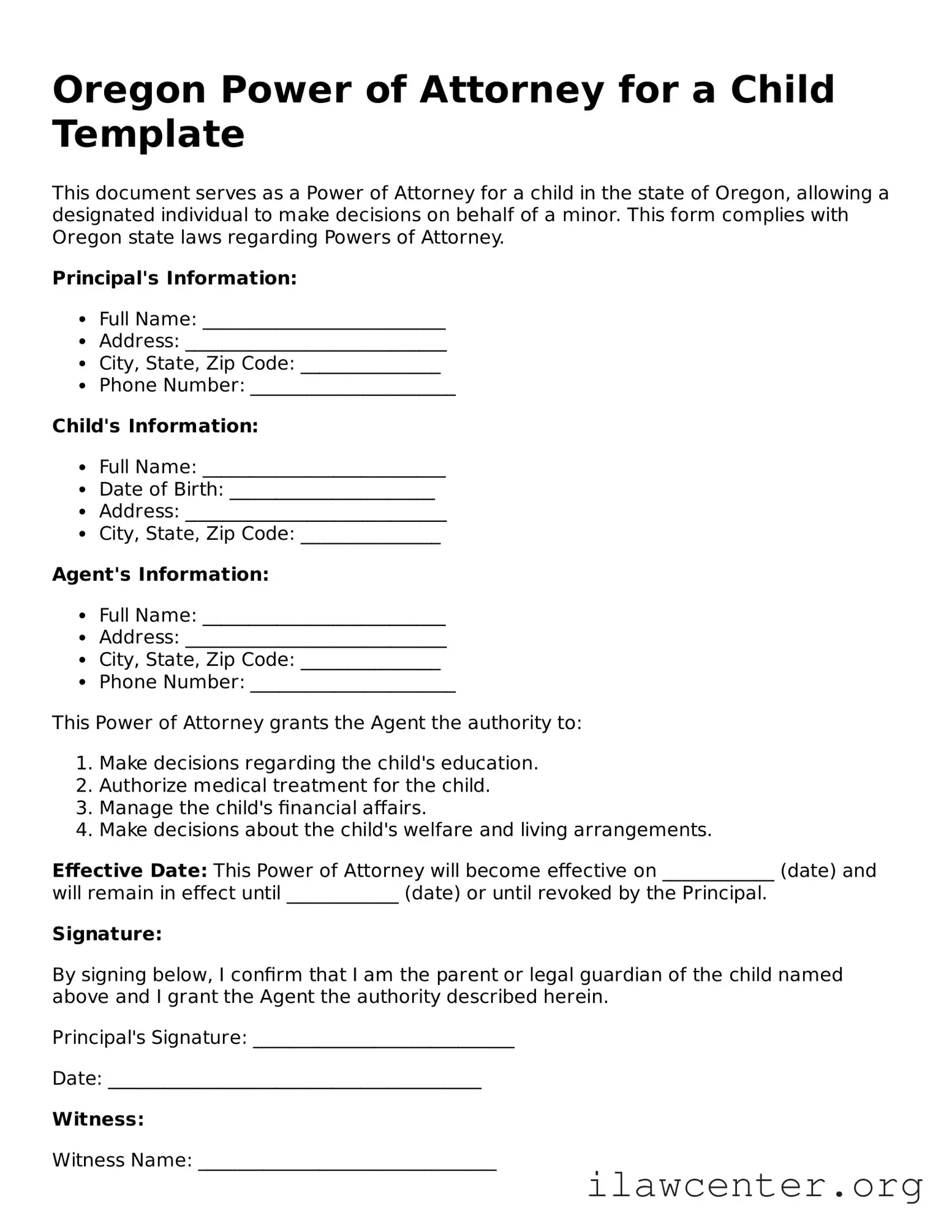 Attorney-Verified  Power of Attorney for a Child Document for Oregon