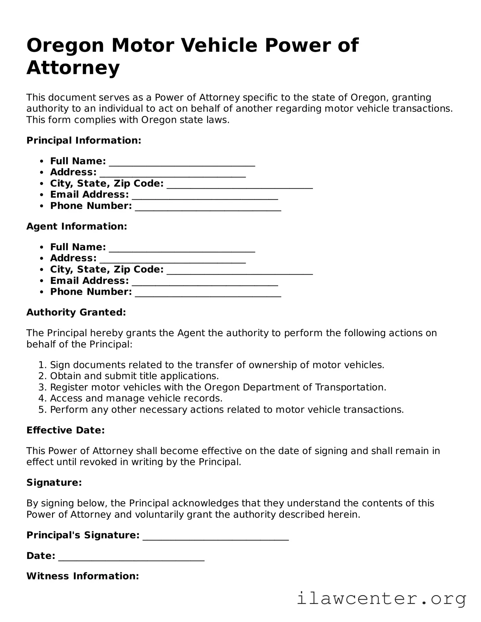 Attorney-Verified  Motor Vehicle Power of Attorney Document for Oregon