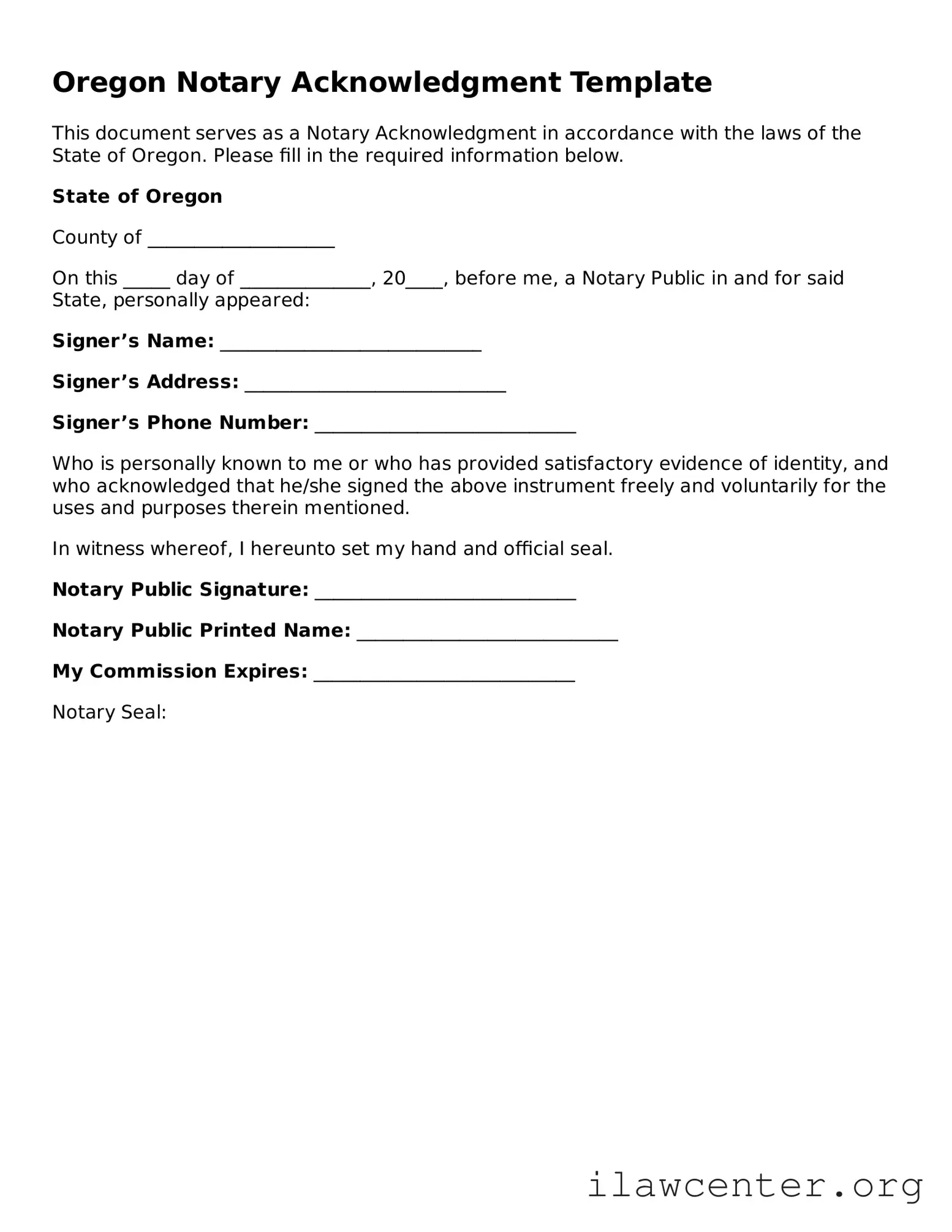 Attorney-Verified  Notary Acknowledgement Document for Oregon