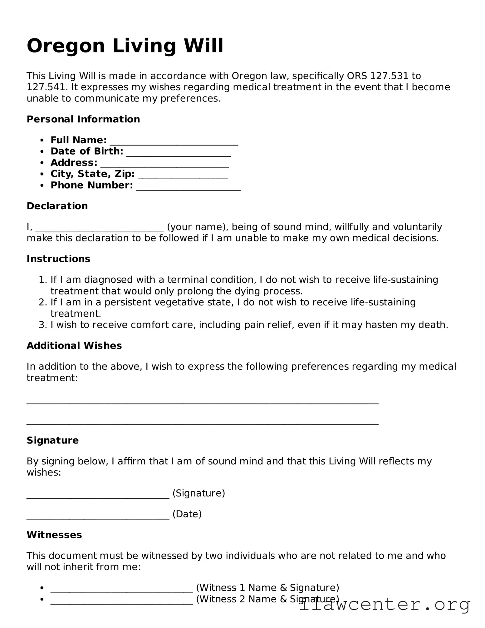 Attorney-Verified  Living Will Document for Oregon