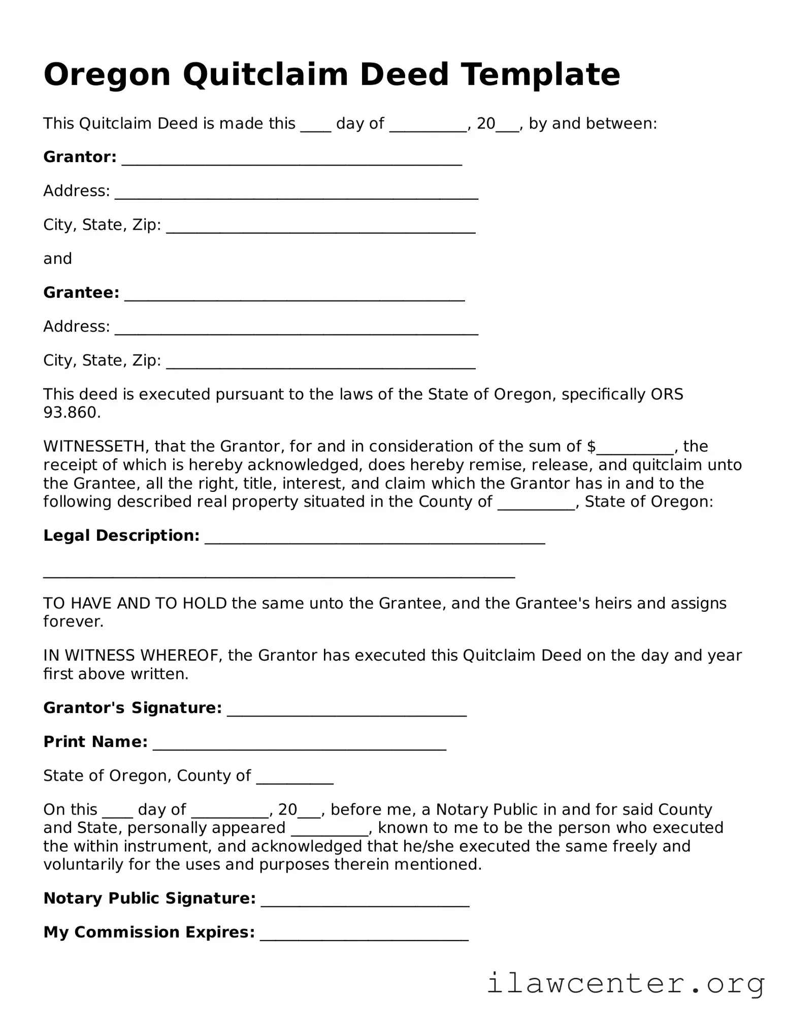 Attorney-Verified  Quitclaim Deed Document for Oregon