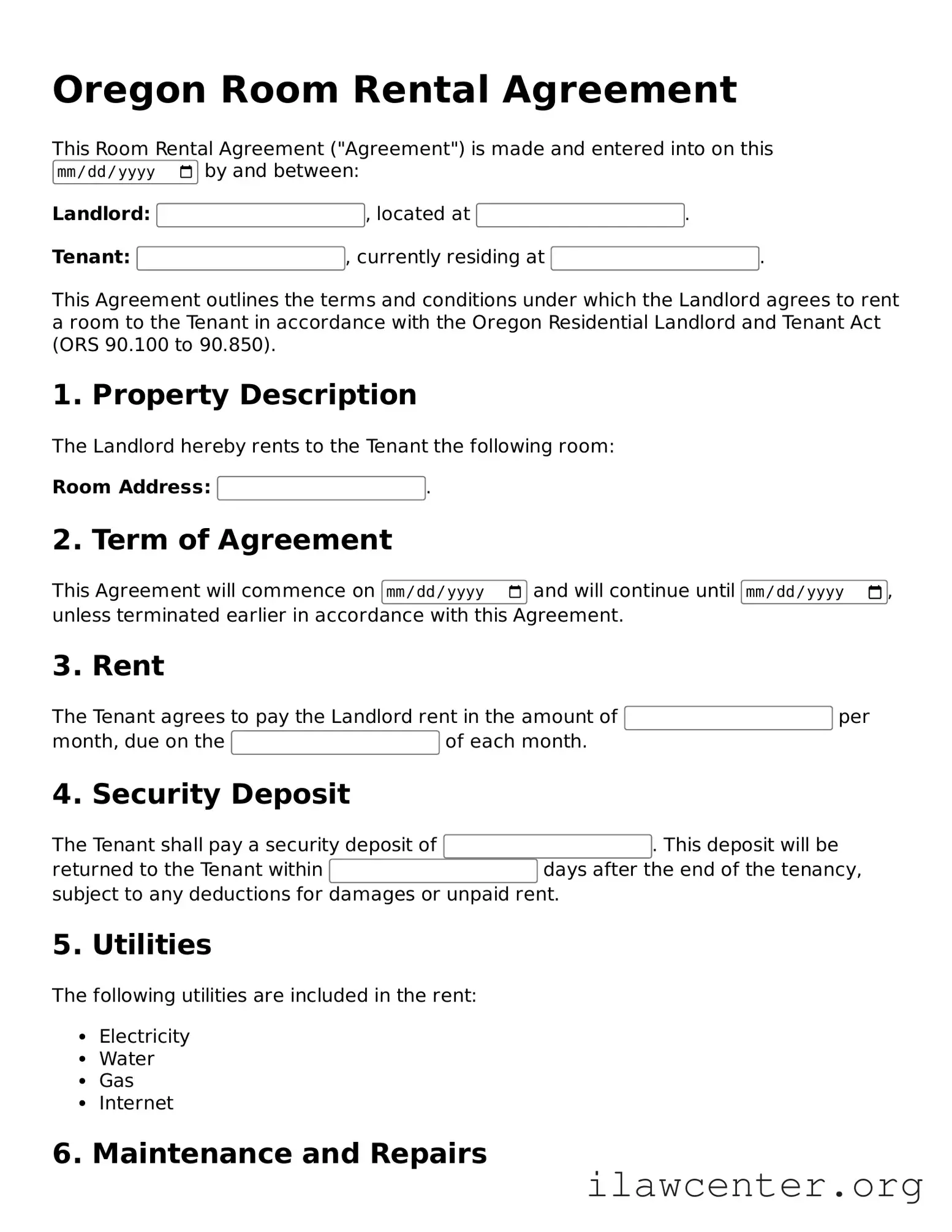 Attorney-Verified  Room Rental Agreement Document for Oregon