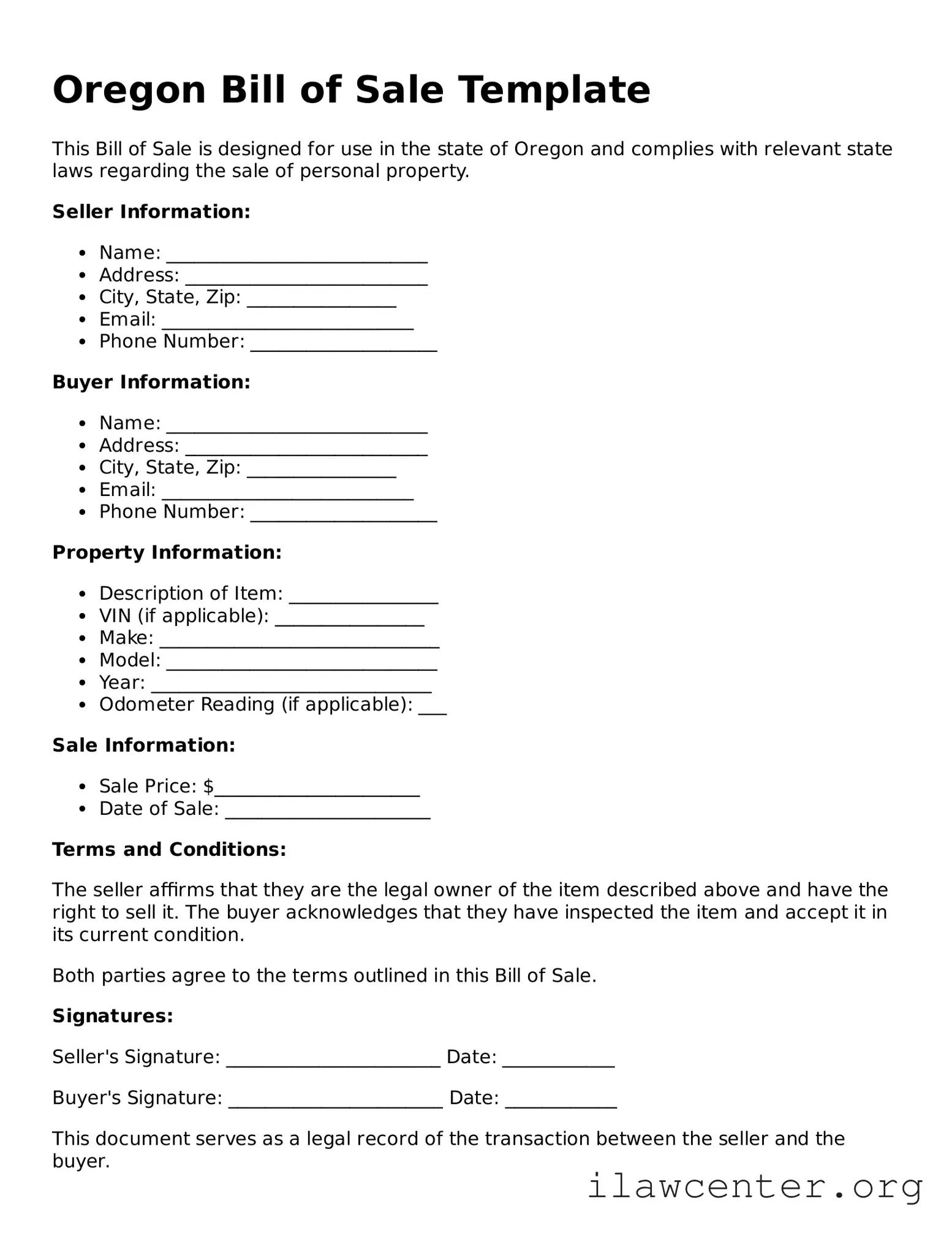 Attorney-Verified  Bill of Sale Document for Oregon