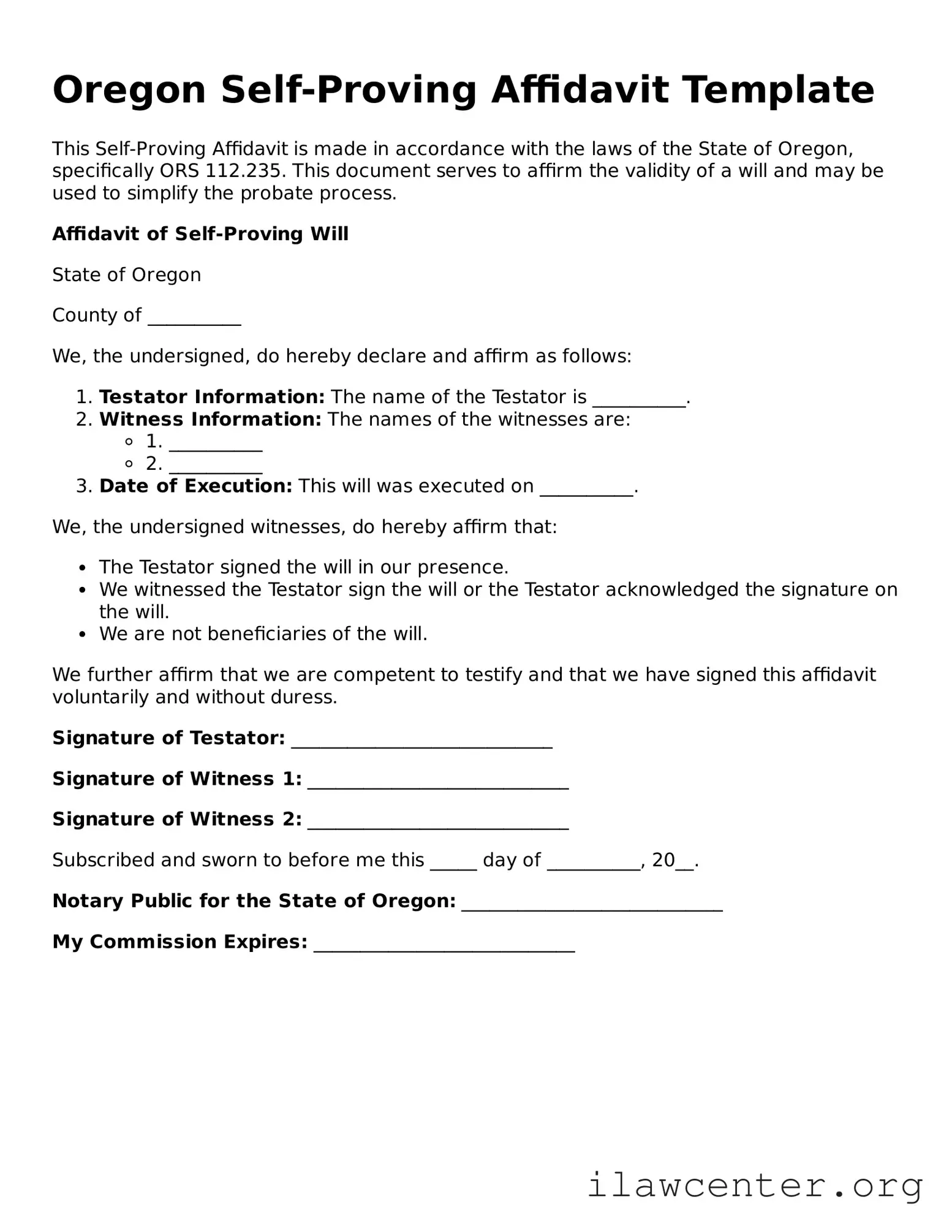 Attorney-Verified  Self-Proving Affidavit Document for Oregon