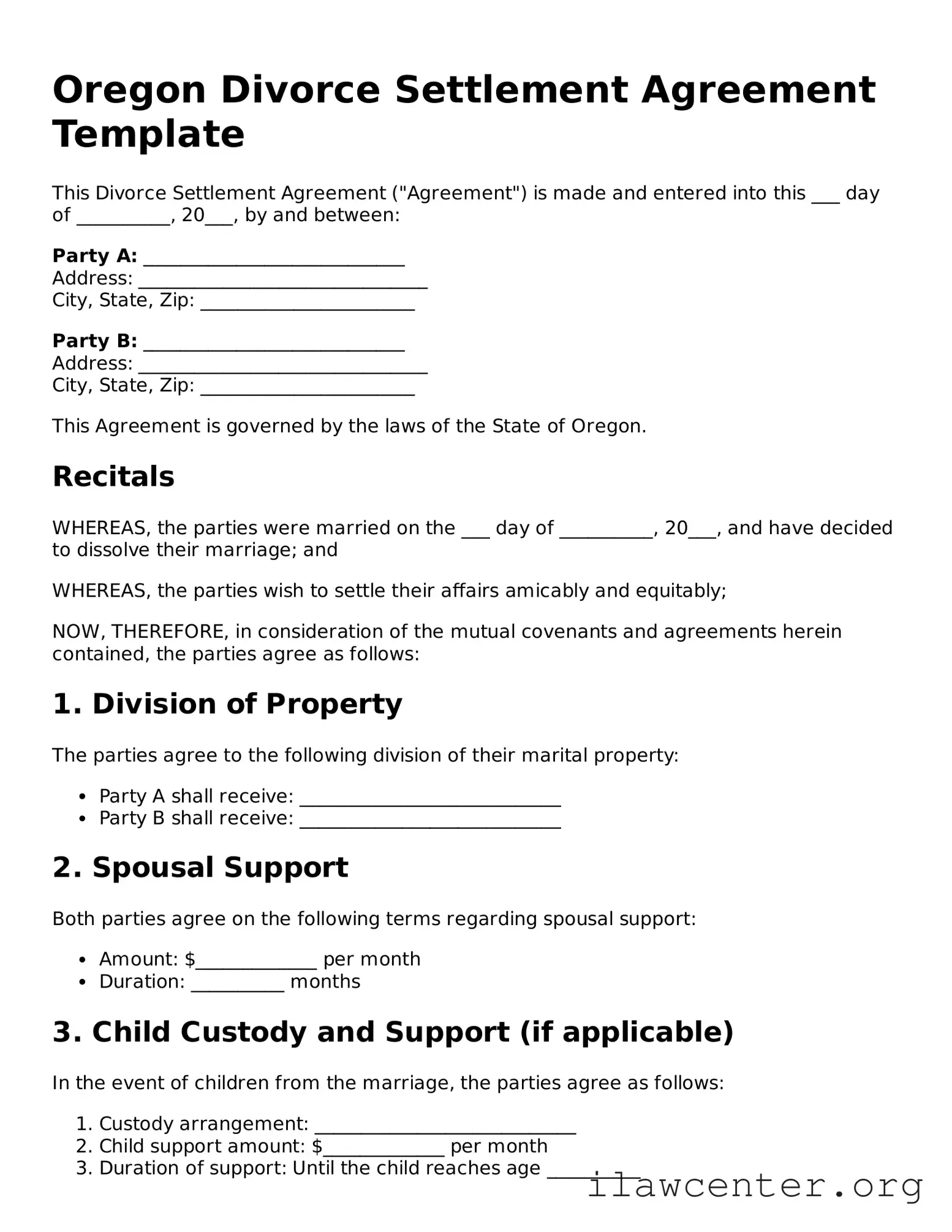 Attorney-Verified  Divorce Settlement Agreement Document for Oregon