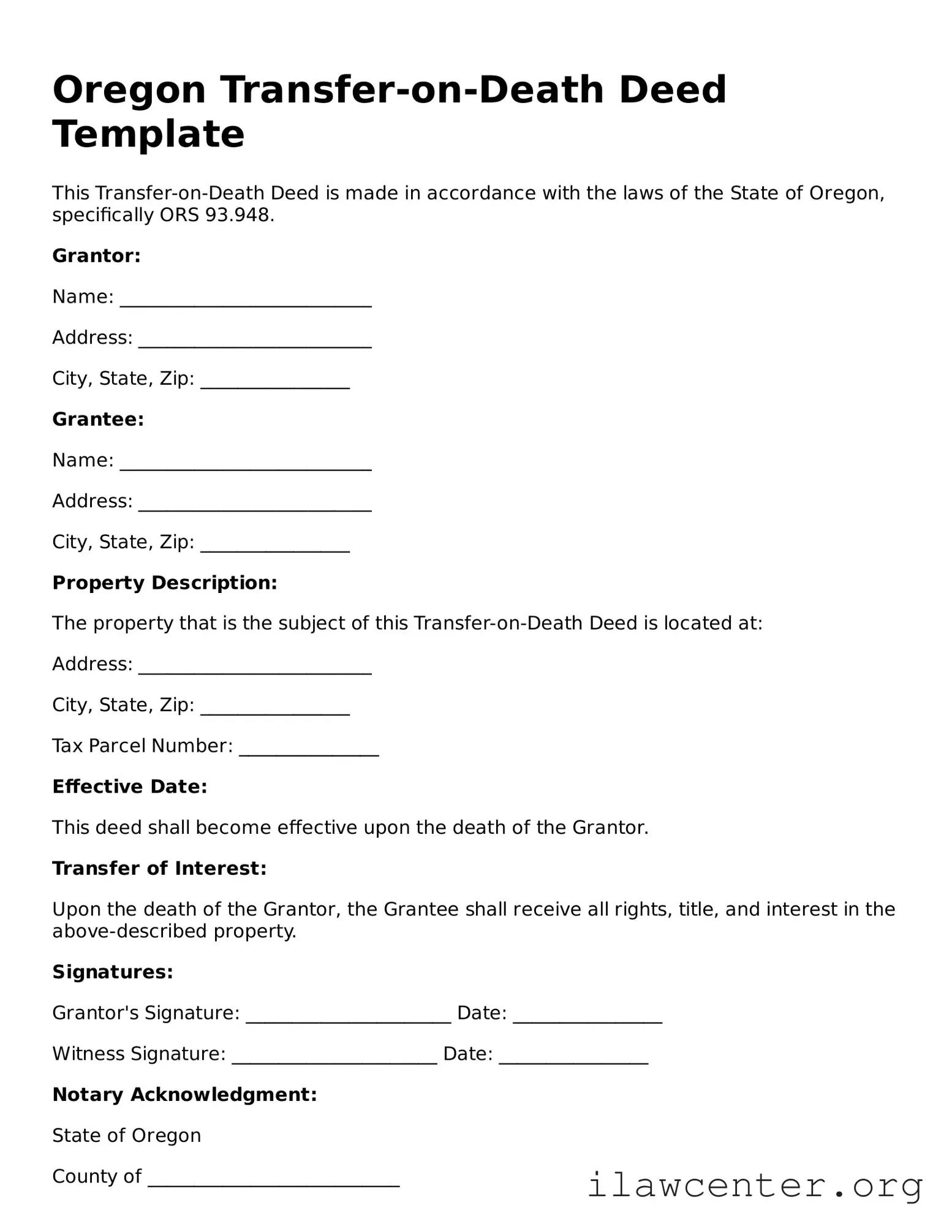 Attorney-Verified  Transfer-on-Death Deed Document for Oregon