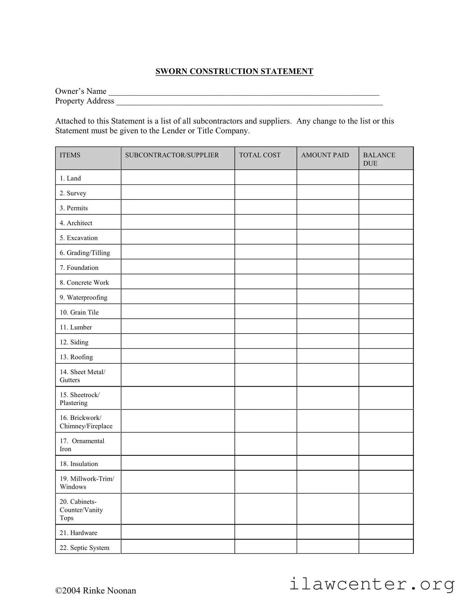 Sworn Construction Statement PDF Template