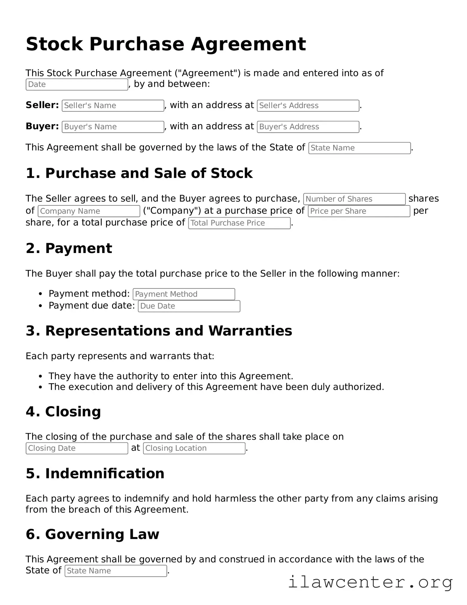 Fillable Stock Purchase Agreement  Document