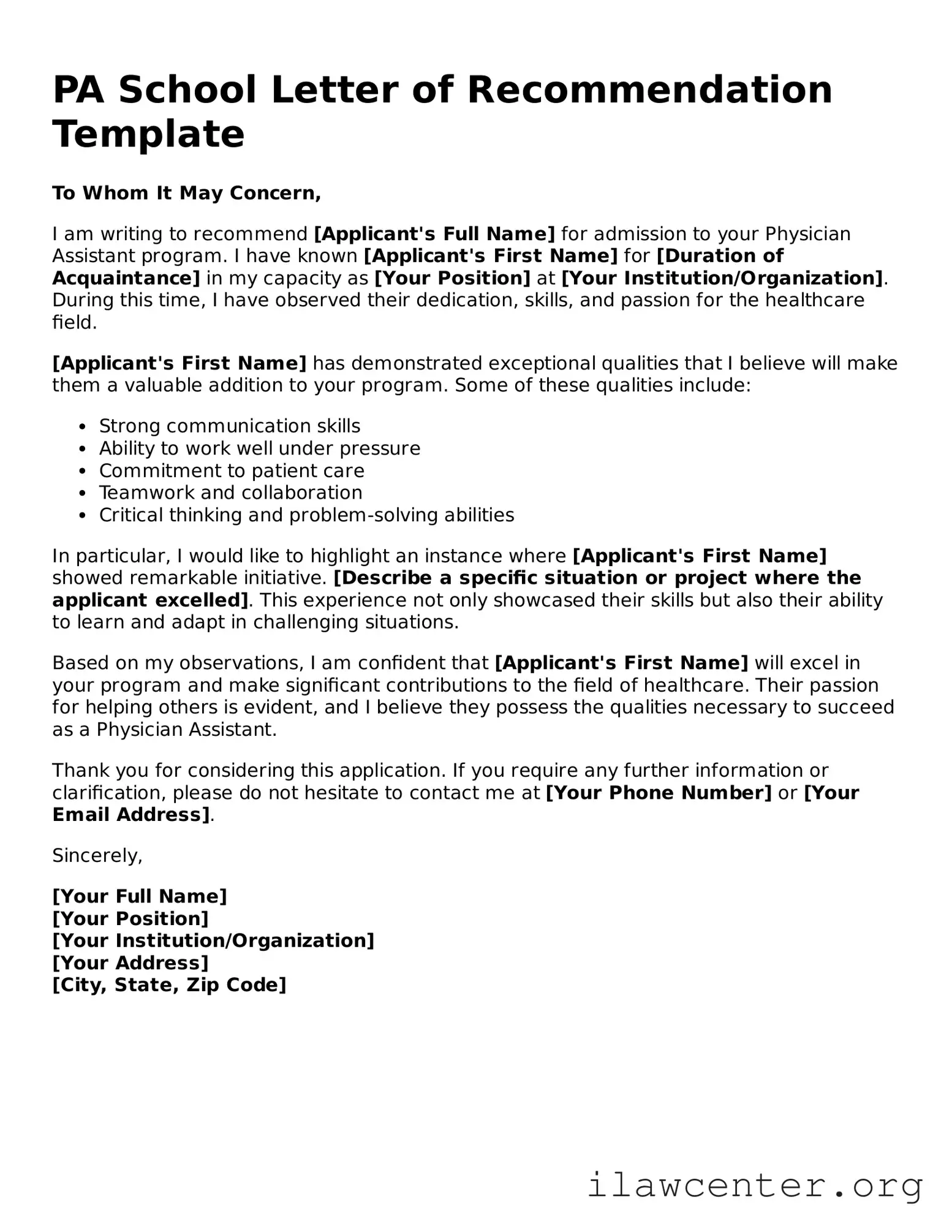 Fillable PA School Letter of Recommendation Document