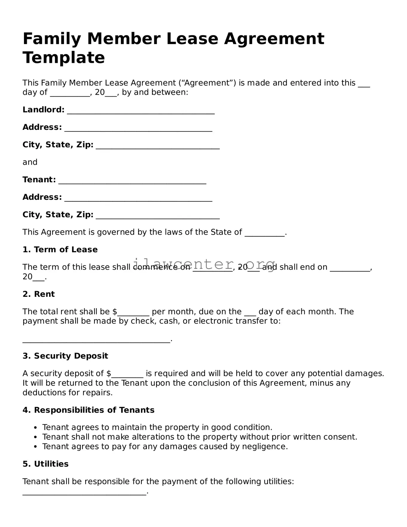 Fillable Family Member Lease Agreement Document