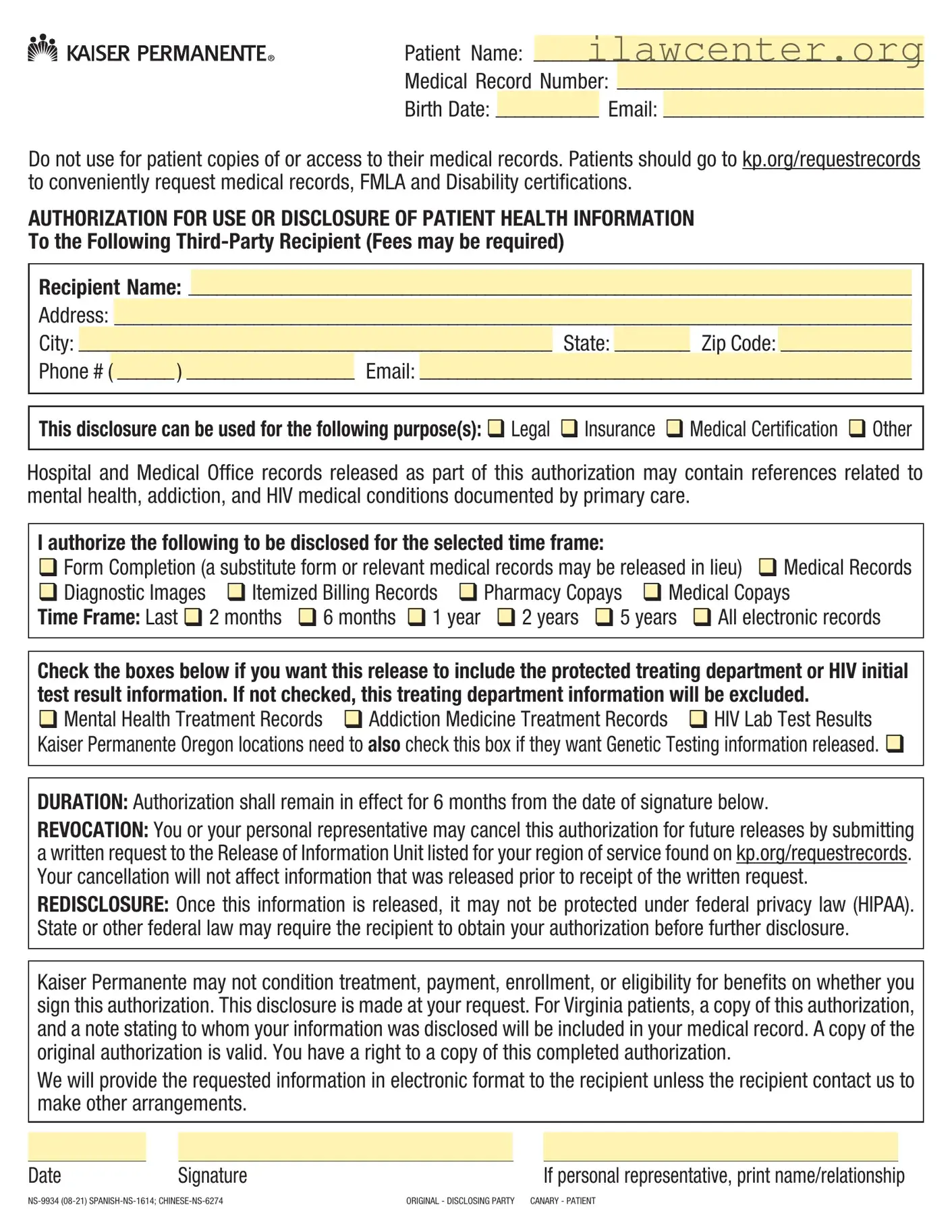 Kaiser Records Request PDF Template