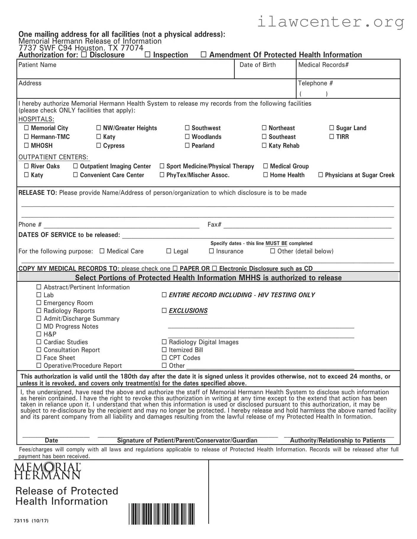 Memorial Hermann Release PDF Template