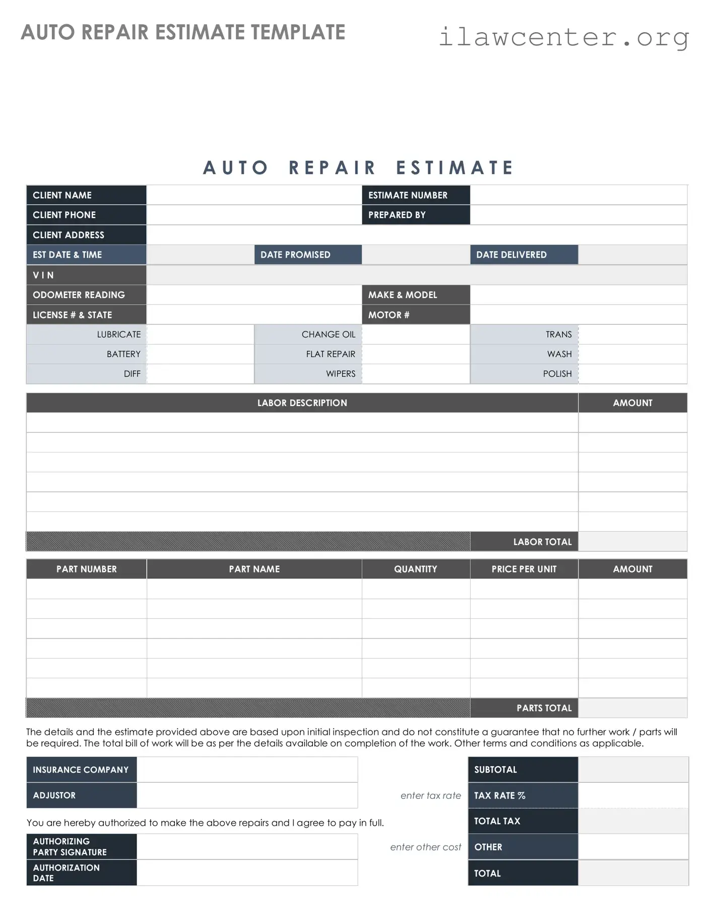 Auto Repair Estimate PDF Template