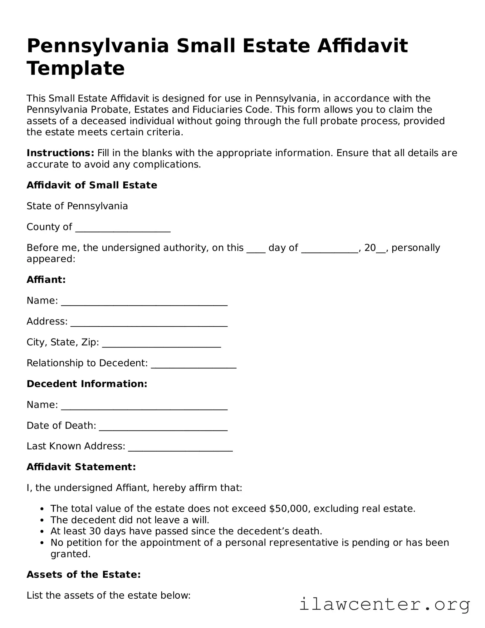 Attorney-Verified  Small Estate Affidavit Document for Pennsylvania