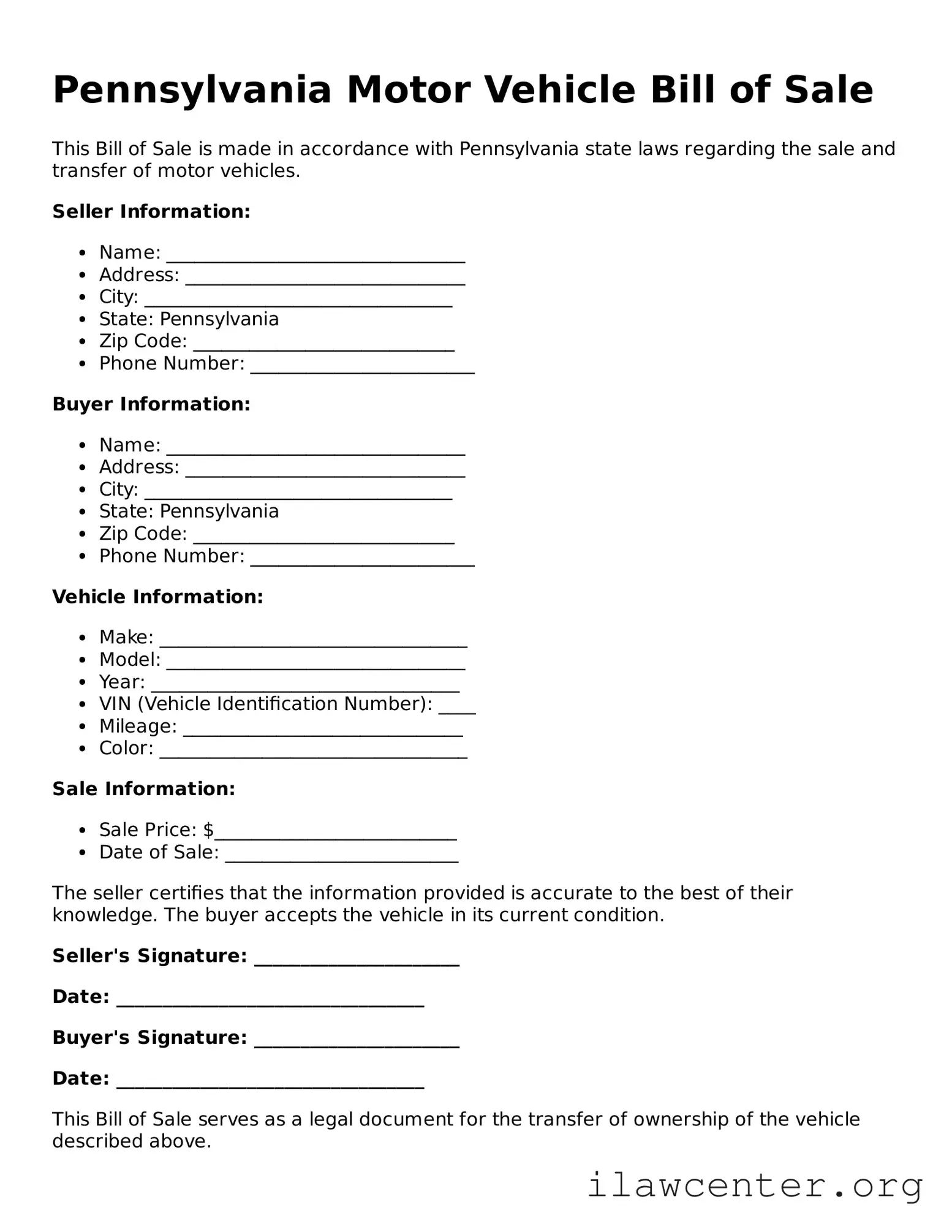 Attorney-Verified  Motor Vehicle Bill of Sale Document for Pennsylvania