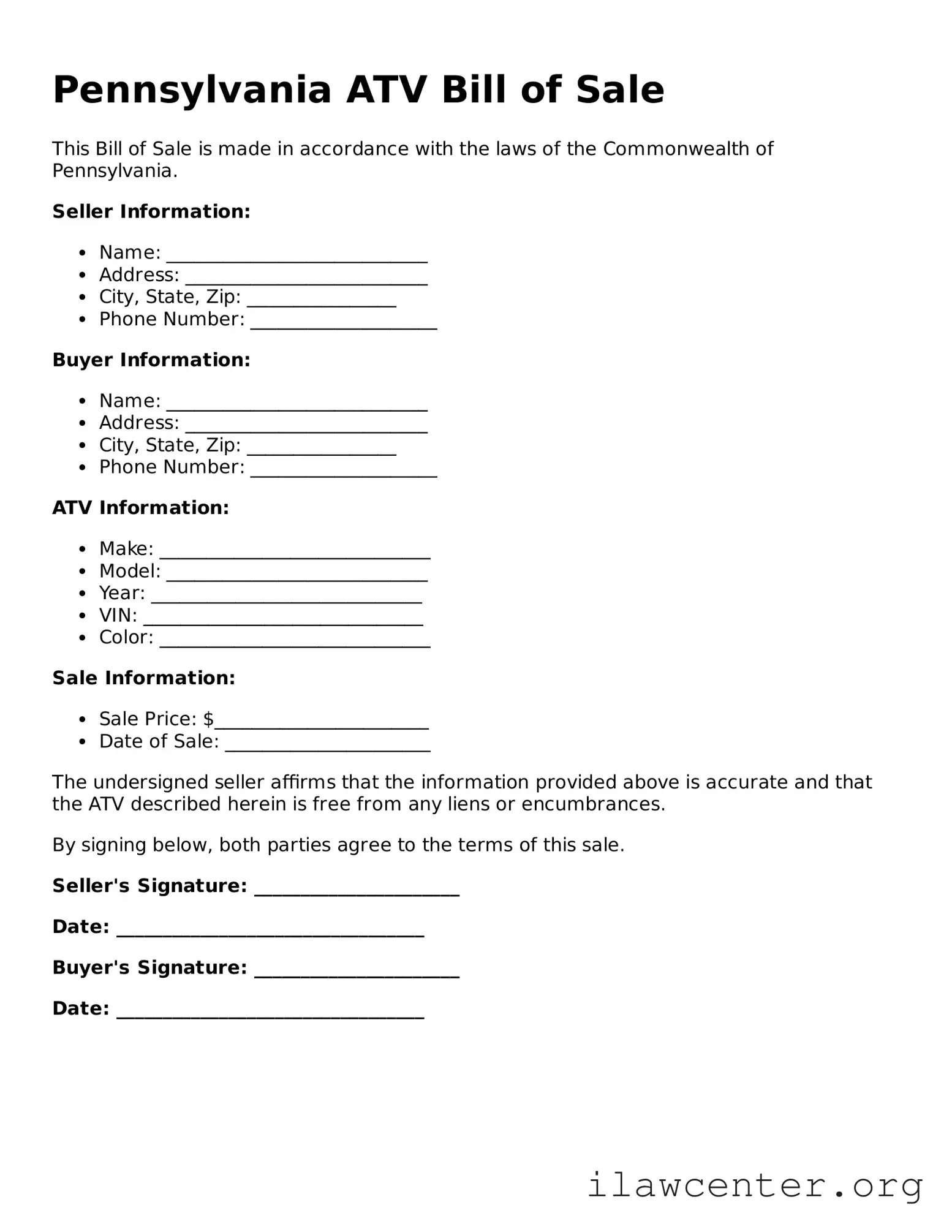 Attorney-Verified  ATV Bill of Sale Document for Pennsylvania
